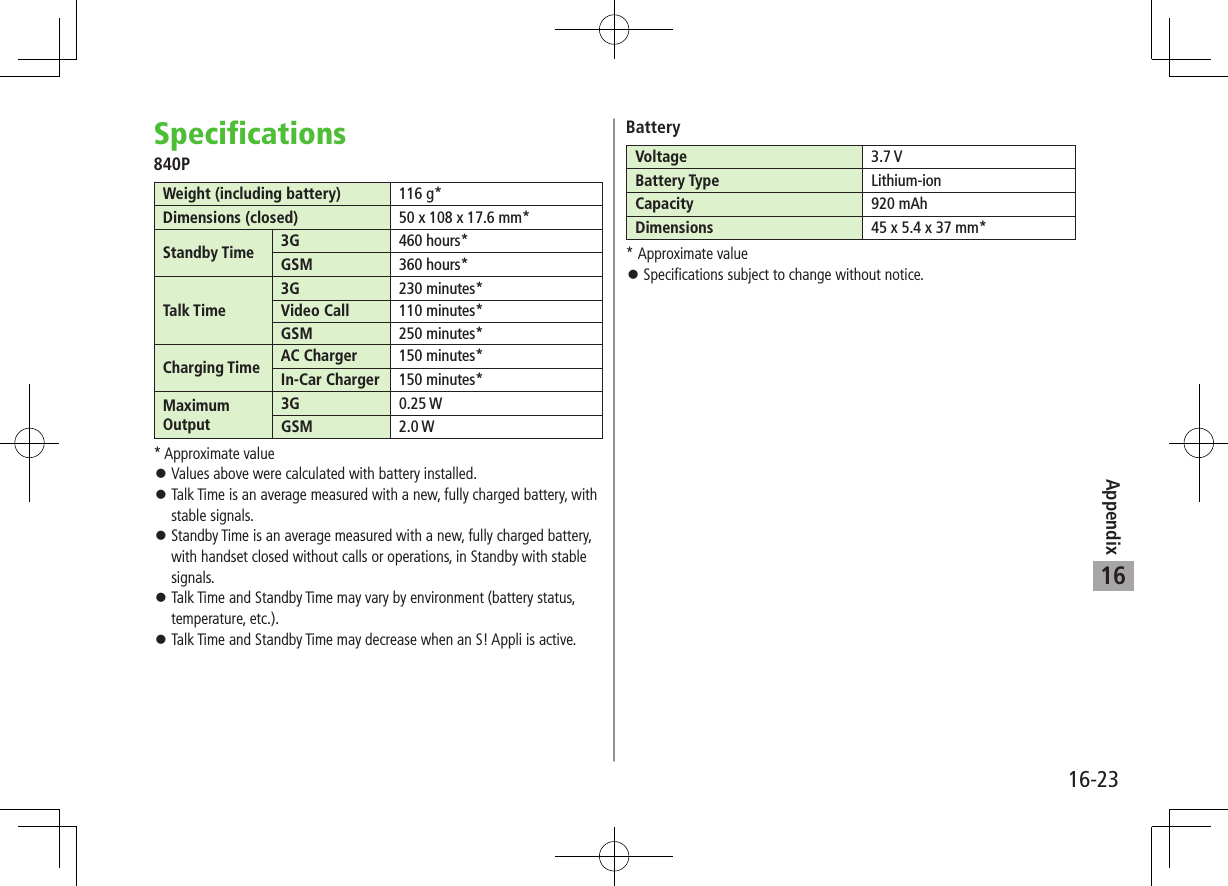 Appendix16-2316Specifications840PWeight (including battery) 116 g*Dimensions (closed) 50 x 108 x 17.6 mm*Standby Time 3G 460 hours*GSM 360 hours*Talk Time3G 230 minutes*Video Call 110 minutes*GSM 250 minutes*Charging Time AC Charger 150 minutes*In-Car Charger 150 minutes*MaximumOutput3G 0.25 WGSM 2.0 W* Approximate value ⿟Values above were calculated with battery installed. ⿟Talk Time is an average measured with a new, fully charged battery, with stable signals. ⿟Standby Time is an average measured with a new, fully charged battery, with handset closed without calls or operations, in Standby with stable signals. ⿟Talk Time and Standby Time may vary by environment (battery status, temperature, etc.). ⿟Talk Time and Standby Time may decrease when an S! Appli is active.BatteryVoltage 3.7 VBattery Type Lithium-ionCapacity 920 mAhDimensions 45 x 5.4 x 37 mm** Approximate value ⿟Specifications subject to change without notice.