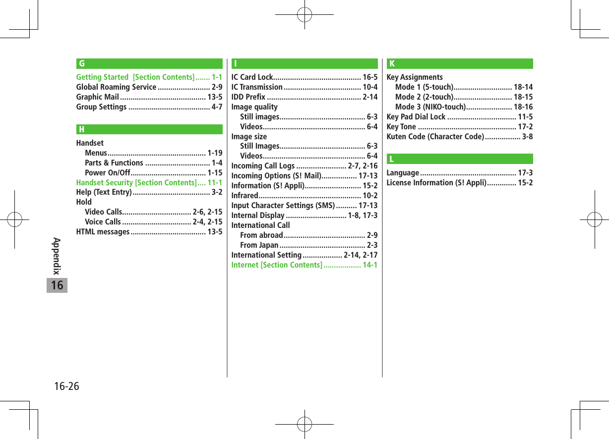 16-26Appendix16GGetting Started  [Section Contents] ....... 1-1Global Roaming Service ......................... 2-9Graphic Mail ......................................... 13-5Group Settings ....................................... 4-7HHandsetMenus ............................................... 1-19Parts &amp; Functions ............................... 1-4Power On/Off .................................... 1-15Handset Security [Section Contents] .... 11-1Help (Text Entry) ..................................... 3-2HoldVideo Calls................................. 2-6, 2-15Voice Calls ................................. 2-4, 2-15HTML messages .................................... 13-5IIC Card Lock .......................................... 16-5IC Transmission ..................................... 10-4IDD Prefix ............................................. 2-14Image qualityStill images ......................................... 6-3Videos ................................................. 6-4Image sizeStill Images......................................... 6-3Videos ................................................. 6-4Incoming Call Logs ........................ 2-7, 2-16Incoming Options (S! Mail)................. 17-13Information (S! Appli) ........................... 15-2Infrared ................................................. 10-2Input Character Settings (SMS) .......... 17-13Internal Display ............................. 1-8, 17-3International CallFrom abroad ....................................... 2-9From Japan ......................................... 2-3International Setting ................... 2-14, 2-17Internet [Section Contents] .................. 14-1KKey AssignmentsMode 1 (5-touch) ............................ 18-14Mode 2 (2-touch) ............................ 18-15Mode 3 (NIKO-touch) ...................... 18-16Key Pad Dial Lock ................................. 11-5Key Tone ............................................... 17-2Kuten Code (Character Code) ................. 3-8LLanguage .............................................. 17-3License Information (S! Appli) .............. 15-2