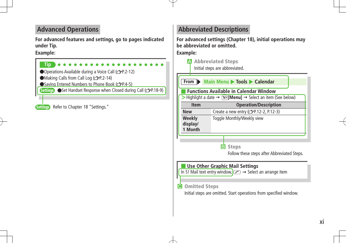 xiAdvanced OperationsFor advanced features and settings, go to pages indicated under Tip.Example:Tip●Operations Available during a Voice Call ( P.2-12)  ●Making Calls from Call Log ( P.2-14)  ●Saving Entered Numbers to Phone Book ( P.4-5) Settings  ●Set Handset Response when Closed during Call ( P.18-9)Settings   Refer to Chapter 18 &quot;Settings.&quot;Abbreviated DescriptionsFor advanced settings (Chapter 18), initial operations may be abbreviated or omitted.Example:󱊩 Omitted StepsInitial steps are omitted. Start operations from specified window.Use Other Graphic Mail Settings ■In S! Mail text entry window,    Select an arrange item󱊨 StepsFollow these steps after Abbreviated Steps.󱊧 Abbreviated StepsInitial steps are abbreviated.From Main Menu  Tools  CalendarFunctions Available in Calendar Window ■Highlight a date  ＞ [Menu]  Select an item (See below)Item Operation/DescriptionNew Create a new entry ( P.12-2, P.12-3)Weekly display/ 1 MonthToggle Monthly/Weekly view