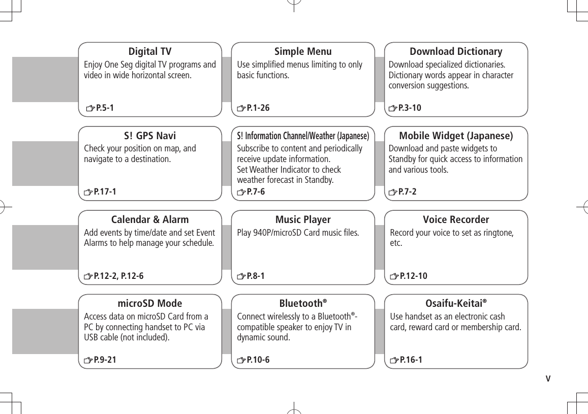 vSimple MenuUse simpliﬁed menus limiting to only basic functions. P.1-26Download DictionaryDownload specialized dictionaries. Dictionary words appear in character conversion suggestions.P.3-10S! GPS NaviCheck your position on map, and navigate to a destination.P.17-1Calendar &amp; AlarmAdd events by time/date and set Event Alarms to help manage your schedule.P.12-2, P.12-6S! Information Channel/Weather (Japanese)Subscribe to content and periodically receive update information.  Set Weather Indicator to check weather forecast in Standby.P.7-6Music PlayerPlay 940P/microSD Card music ﬁles.P.8-1Mobile Widget (Japanese)Download and paste widgets to Standby for quick access to information and various tools.P.7-2microSD ModeAccess data on microSD Card from a PC by connecting handset to PC via USB cable (not included).P.9-21Voice RecorderRecord your voice to set as ringtone, etc.Osaifu-Keitai®Use handset as an electronic cash card, reward card or membership card.P.16-1Bluetooth®Connect wirelessly to a Bluetooth®- compatible speaker to enjoy TV in dynamic sound.P.10-6Digital TVEnjoy One Seg digital TV programs and video in wide horizontal screen.  P.5-1P.12-10