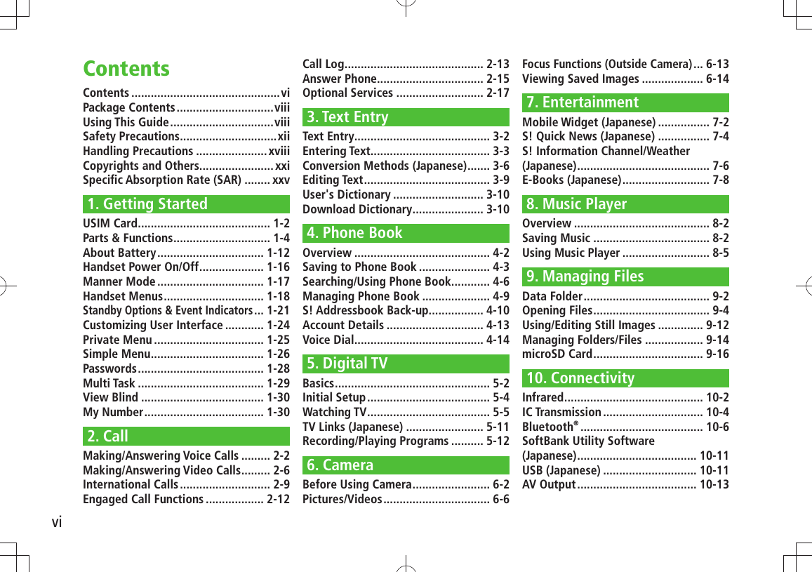 viContents ..............................................viPackage Contents ..............................viiiUsing This Guide ................................viiiSafety Precautions ..............................xiiHandling Precautions ...................... xviiiCopyrights and Others....................... xxiSpeciﬁc Absorption Rate (SAR) ........ xxv1. Getting StartedUSIM Card ......................................... 1-2Parts &amp; Functions .............................. 1-4About Battery ................................. 1-12Handset Power On/Off .................... 1-16Manner Mode ................................. 1-17Handset Menus ............................... 1-18Standby Options &amp; Event Indicators ... 1-21Customizing User Interface ............ 1-24Private Menu .................................. 1-25Simple Menu ................................... 1-26Passwords ....................................... 1-28Multi Task ....................................... 1-29View Blind ...................................... 1-30My Number ..................................... 1-302. CallMaking/Answering Voice Calls ......... 2-2Making/Answering Video Calls ......... 2-6International Calls ............................ 2-9Engaged Call Functions .................. 2-12Call Log ........................................... 2-13Answer Phone................................. 2-15Optional Services ........................... 2-173. Text EntryText Entry .......................................... 3-2Entering Text ..................................... 3-3Conversion Methods (Japanese) ....... 3-6Editing Text ....................................... 3-9User&apos;s Dictionary ............................ 3-10Download Dictionary ...................... 3-104. Phone BookOverview .......................................... 4-2Saving to Phone Book ...................... 4-3Searching/Using Phone Book ............ 4-6Managing Phone Book ..................... 4-9S! Addressbook Back-up................. 4-10Account Details .............................. 4-13Voice Dial ........................................ 4-145. Digital TVBasics ................................................ 5-2Initial Setup ...................................... 5-4Watching TV ...................................... 5-5TV Links (Japanese) ........................ 5-11Recording/Playing Programs .......... 5-126. CameraBefore Using Camera ........................ 6-2Pictures/Videos ................................. 6-6Focus Functions (Outside Camera) ... 6-13Viewing Saved Images ................... 6-147. EntertainmentMobile Widget (Japanese) ................ 7-2S! Quick News (Japanese) ................ 7-4S! Information Channel/Weather (Japanese) ......................................... 7-6E-Books (Japanese) ........................... 7-88. Music PlayerOverview .......................................... 8-2Saving Music .................................... 8-2Using Music Player ........................... 8-59. Managing FilesData Folder ....................................... 9-2Opening Files .................................... 9-4Using/Editing Still Images .............. 9-12Managing Folders/Files .................. 9-14microSD Card .................................. 9-1610. ConnectivityInfrared ........................................... 10-2IC Transmission ............................... 10-4Bluetooth® ...................................... 10-6SoftBank Utility Software  (Japanese) ..................................... 10-11USB (Japanese) ............................. 10-11AV Output ..................................... 10-13Contents