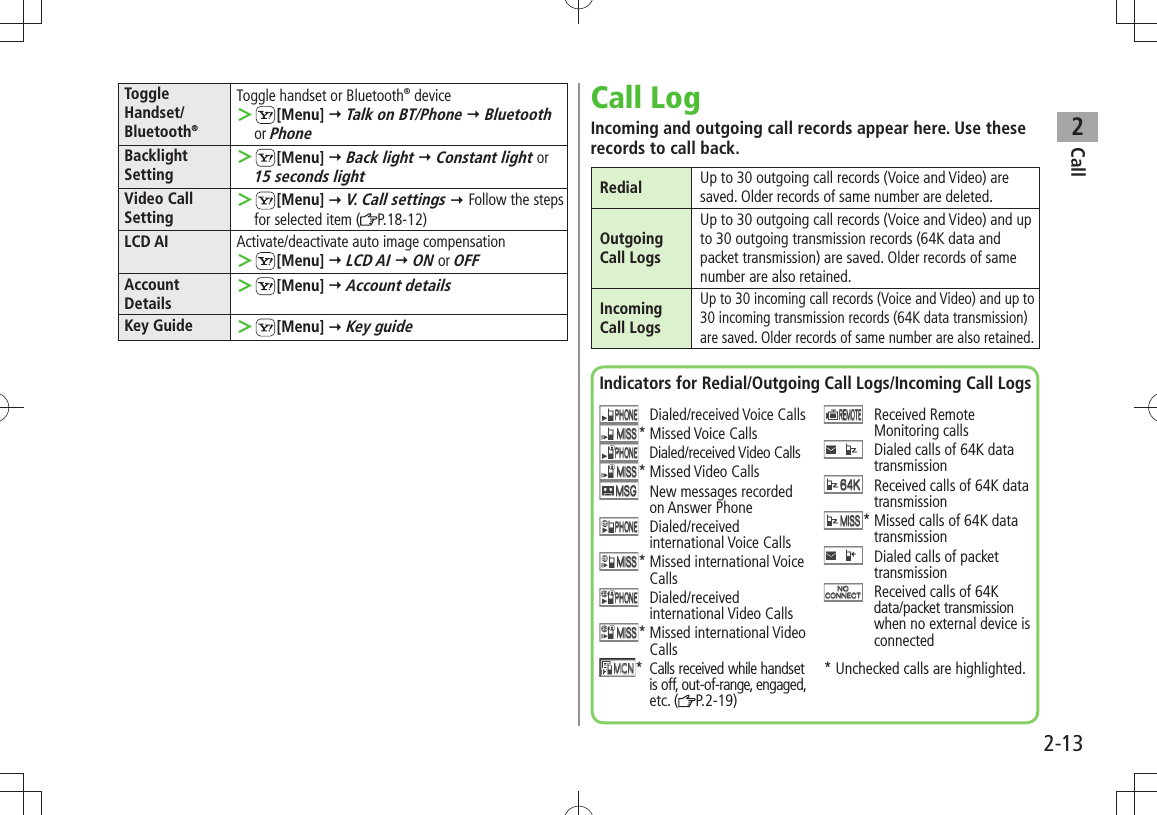 Call22-13Toggle Handset/ Bluetooth®Toggle handset or Bluetooth® device ＞[Menu]  Talk on BT/Phone  Bluetooth or PhoneBacklightSetting ＞[Menu]  Back light  Constant light or  15 seconds lightVideo CallSetting ＞[Menu]  V. Call settings  Follow the steps for selected item ( P.18-12)LCD AI Activate/deactivate auto image compensation ＞[Menu]  LCD AI  ON or OFFAccount Details ＞[Menu]  Account detailsKey Guide  ＞[Menu]  Key guideCall LogIncoming and outgoing call records appear here. Use these records to call back.Redial Up to 30 outgoing call records (Voice and Video) are saved. Older records of same number are deleted.Outgoing Call LogsUp to 30 outgoing call records (Voice and Video) and up to 30 outgoing transmission records (64K data and packet transmission) are saved. Older records of same number are also retained.Incoming Call LogsUp to 30 incoming call records (Voice and Video) and up to 30 incoming transmission records (64K data transmission) are saved. Older records of same number are also retained.Indicators for Redial/Outgoing Call Logs/Incoming Call Logs Dialed/received Voice Calls* Missed Voice Calls Dialed/received Video Calls* Missed Video Calls   New messages recorded on Answer Phone  Dialed/received international Voice Calls*  Missed international Voice Calls  Dialed/received international Video Calls*  Missed international Video Calls*  Calls received while handset is off, out-of-range, engaged, etc. ( P.2-19)  Received Remote Monitoring calls   Dialed calls of 64K data transmission   Received calls of 64K data transmission*  Missed calls of 64K data transmission   Dialed calls of packet transmission   Received calls of 64K data/packet transmission when no external device is connected* Unchecked calls are highlighted.