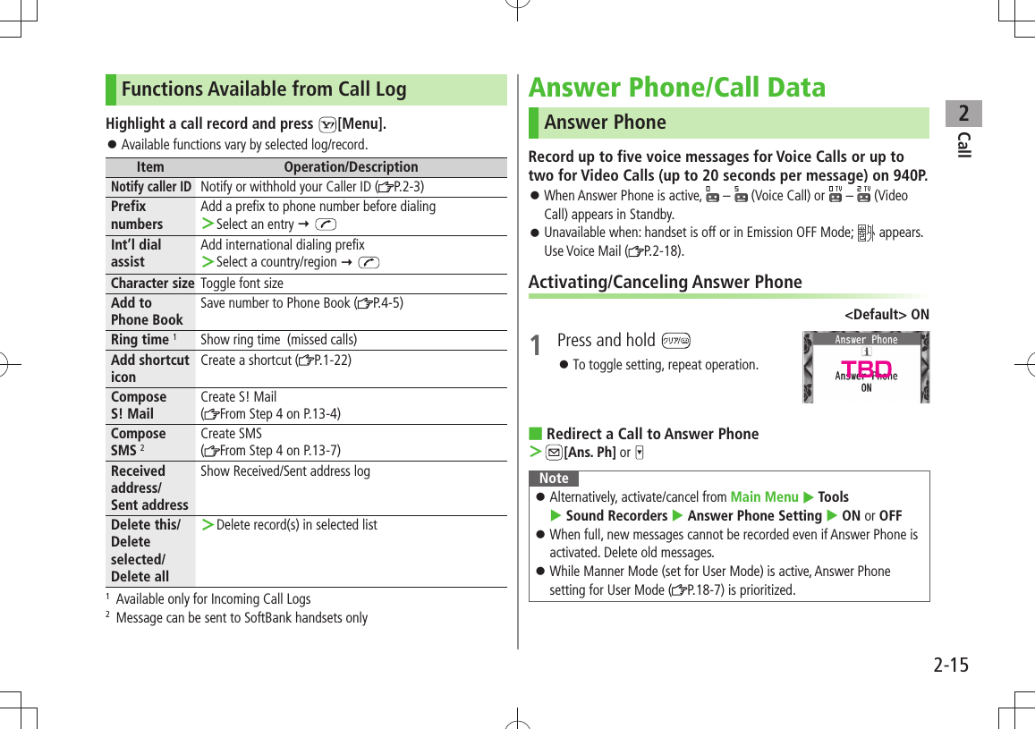 Call22-15Functions Available from Call LogHighlight a call record and press  [Menu].Available functions vary by selected log/record. 󱛠Item Operation/DescriptionNotify caller IDNotify or withhold your Caller ID ( P.2-3)Prefix numbersAdd a prefix to phone number before dialingSelect an entry  ＞ Int’l dial assistAdd international dialing prefixSelect a country/region  ＞ Character size Toggle font sizeAdd to  Phone BookSave number to Phone Book ( P.4-5)Ring time 1Show ring time  (missed calls)Add shortcut iconCreate a shortcut ( P.1-22)Compose  S! MailCreate S! Mail(From Step 4 on P.13-4)Compose  SMS 2Create SMS(From Step 4 on P.13-7)Received address/ Sent addressShow Received/Sent address logDelete this/ Delete selected/Delete allDelete record(s) in selected list ＞1  Available only for Incoming Call Logs2  Message can be sent to SoftBank handsets onlyAnswer Phone/Call DataAnswer PhoneRecord up to five voice messages for Voice Calls or up to two for Video Calls (up to 20 seconds per message) on 940P.When Answer Phone is active,  󱛠 –   (Voice Call) or   –  (Video Call) appears in Standby.Unavailable when: handset is off or in Emission OFF Mode;  󱛠 appears. Use Voice Mail ( P.2-18).Activating/Canceling Answer Phone&lt;Default&gt; ON1  Press and hold To toggle setting, repeat operation. 󱛠Redirect a Call to Answer Phone ■ ＞[Ans. Ph] or NoteAlternatively, activate/cancel from  󱛠Main Menu  Tools   Sound Recorders  Answer Phone Setting  ON or OFFWhen full, new messages cannot be recorded even if Answer Phone is  󱛠activated. Delete old messages.While Manner Mode (set for User Mode) is active, Answer Phone  󱛠setting for User Mode ( P.18-7) is prioritized.TBD