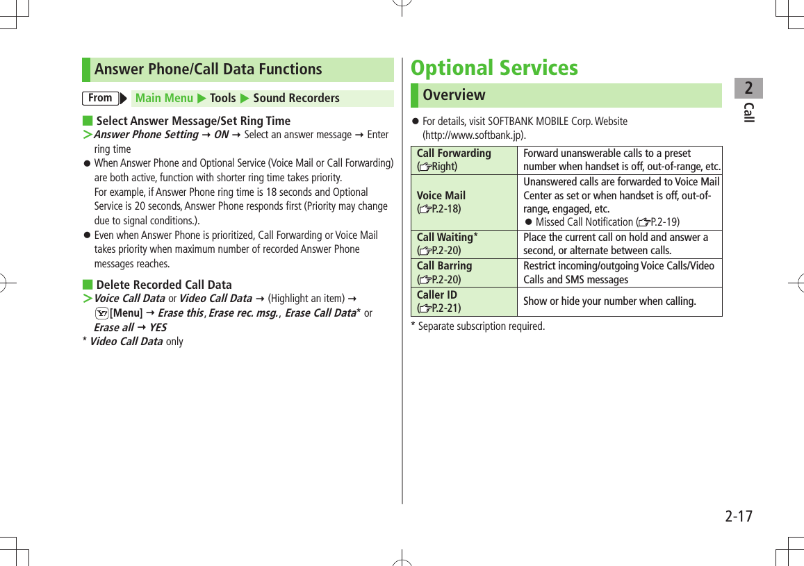 Call22-17Answer Phone/Call Data FunctionsFrom Main Menu  Tools  Sound RecordersSelect Answer Message/ ■Set Ring TimeAnswer Phone Setting ＞  ON  Select an answer message  Enter ring timeWhen Answer Phone and Optional Service (Voice Mail or Call Forwarding)  󱛠are both active, function with shorter ring time takes priority.  For example, if Answer Phone ring time is 18 seconds and Optional Service is 20 seconds, Answer Phone responds first (Priority may change due to signal conditions.).Even when Answer Phone is prioritized, Call Forwarding or Voice Mail  󱛠takes priority when maximum number of recorded Answer Phone messages reaches.Delete Recorded Call Data ■Voice Call Data ＞ or Video Call Data  (Highlight an item)   [Menu]  Erase this, Erase rec. msg., Erase Call Data* or Erase all  YES* Video Call Data onlyOptional ServicesOverviewFor details, visit SOFTBANK MOBILE Corp. Website  󱛠(http://www.softbank.jp).Call Forwarding(Right)Forward unanswerable calls to a preset number when handset is off, out-of-range, etc.Voice Mail(P.2-18)Unanswered calls are forwarded to Voice Mail Center as set or when handset is off, out-of-range, engaged, etc.Missed Call Notification ( 󱛠P.2-19)Call Waiting*(P.2-20)Place the current call on hold and answer a second, or alternate between calls.Call Barring (P.2-20)Restrict incoming/outgoing Voice Calls/Video Calls and SMS messagesCaller ID (P.2-21) Show or hide your number when calling.* Separate subscription required.