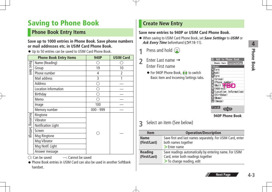 Phone Book44-3Next PageSaving to Phone BookPhone Book Entry ItemsSave up to 1000 entries in Phone Book. Save phone numbers or mail addresses etc. in USIM Card Phone Book. Up to 50 entries can be saved to USIM Card Phone Book. 󱛠Phone Book Entry Items 940P USIM CardBasic itemName (Reading) ○○Group 19 10Phone number 4 2Mail address 3 1Address ○̶Location information ○̶Birthday ○̶Memo ○̶Image 100 ̶Memory number 000 - 999 ̶Incoming SettingsRingtone○̶VibratorNotification LightScreenMsg RingtoneMsg VibratorMsg Notif. LightAnswer message○: Can be saved  ̶: Cannot be saved Phone Book entries in USIM Card can also be used in another SoftBank  󱛠handset.Create New EntrySave new entries to 940P or USIM Card Phone Book. When saving to USIM Card Phone Book, set  󱛠Save Settings to USIM or Ask Every Time beforehand ( P. 1 8 - 1 1 ) .1  Press and hold 2  Enter Last name   Enter First nameFor 940P Phone Book,  󱛠 to switch  Basic item and Incoming Settings tabs.3  Select an item (See below)Item Operation/DescriptionName(First/Last)Save first and last names separately. For USIM Card, enter both names togetherEnter name ＞Reading(First/Last)Save readings automatically by entering name. For USIM Card, enter both readings togetherTo change reading, edit ＞940P Phone BookTBD