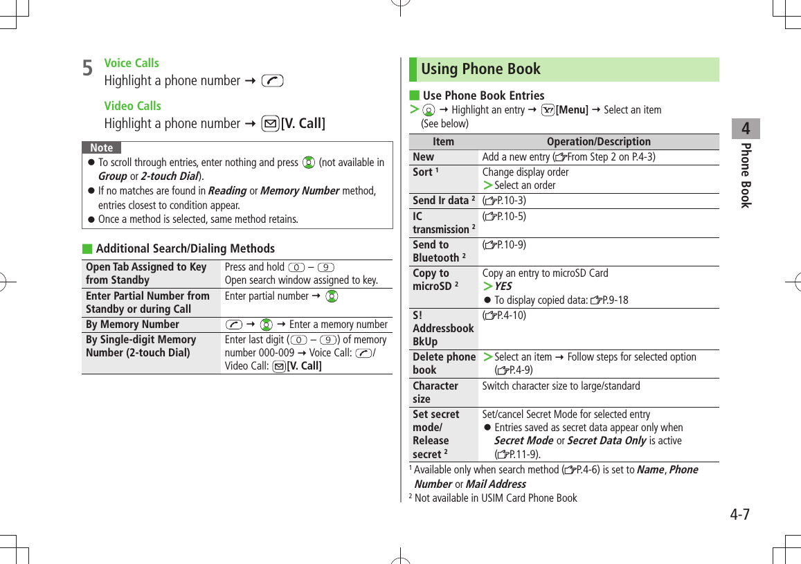 Phone Book44-75 Voice CallsHighlight a phone number   Video CallsHighlight a phone number  [V. Call]NoteTo scroll through entries, enter nothing and press  󱛠 (not available in Group or 2-touch Dial).If no matches are found in  󱛠Reading or Memory Number method, entries closest to condition appear.Once a method is selected, same method retains. 󱛠Additional Search/Dialing Methods ■Open Tab Assigned to Key from StandbyPress and hold   – Open search window assigned to key.Enter Partial Number from Standby or during CallEnter partial number  By Memory Number      Enter a memory numberBy Single-digit Memory Number (2-touch Dial)Enter last digit (  –  ) of memory number 000-009  Voice Call:  /Video Call:  [V. Call]Using Phone BookUse Phone Book Entries ■ ＞  Highlight an entry  [Menu]  Select an item  (See below)Item Operation/DescriptionNew Add a new entry ( From Step 2 on P.4-3)Sort 1Change display orderSelect an order ＞Send Ir data 2( P.10-3)IC transmission 2( P.10-5)Send to Bluetooth 2( P.10-9)Copy to microSD 2Copy an entry to microSD CardYES ＞To display copied data:  󱛠P.9-18S! Addressbook BkUp(P.4-10)Delete phone bookSelect an item  ＞ Follow steps for selected option  (P.4-9)Character sizeSwitch character size to large/standardSet secret mode/Release secret 2Set/cancel Secret Mode for selected entryEntries saved as secret data appear only when   󱛠Secret Mode or Secret Data Only is active  (P.11-9).1 Available only when search method ( P.4-6) is set to Name, Phone Number or Mail Address2 Not available in USIM Card Phone Book