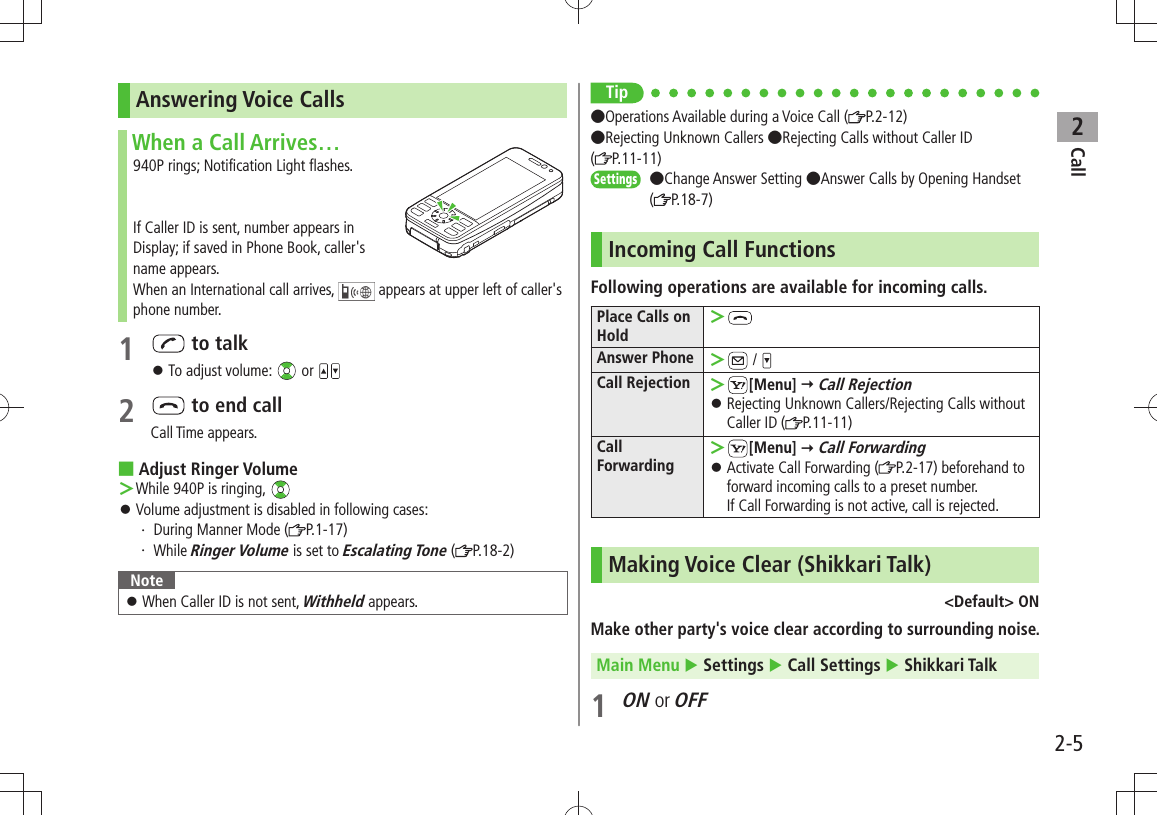 Call22-5Answering Voice CallsWhen a Call Arrives…940P rings; Notification Light flashes.If Caller ID is sent, number appears in  Display; if saved in Phone Book, caller&apos;s  name appears.When an International call arrives,   appears at upper left of caller&apos;s phone number.1   to talk 󱛠To adjust volume:   or 2   to end callCall Time appears.Adjust Ringer Volume ■While 940P is ringing,  ＞Volume adjustment is disabled in following cases: 󱛠During Manner Mode (・  P.1-17)While ・ Ringer Volume is set to Escalating Tone ( P.18-2)NoteWhen Caller ID is not sent,  󱛠Withheld appears.Tip●Operations Available during a Voice Call ( P.2-12)●Rejecting Unknown Callers ●Rejecting Calls without Caller ID  (P.11-11)Settings  ●Change Answer Setting ●Answer Calls by Opening Handset (P.18-7)Incoming Call FunctionsFollowing operations are available for incoming calls.Place Calls on Hold ＞Answer Phone  ＞ / Call Rejection  ＞[Menu]  Call RejectionRejecting Unknown Callers/Rejecting Calls without  󱛠Caller ID ( P.11-11)Call Forwarding ＞[Menu]  Call ForwardingActivate Call Forwarding ( 󱛠P.2-17) beforehand to forward incoming calls to a preset number.  If Call Forwarding is not active, call is rejected.Making Voice Clear (Shikkari Talk)&lt;Default&gt; ONMake other party&apos;s voice clear according to surrounding noise.Main Menu  Settings  Call Settings  Shikkari Talk1 ON or OFF