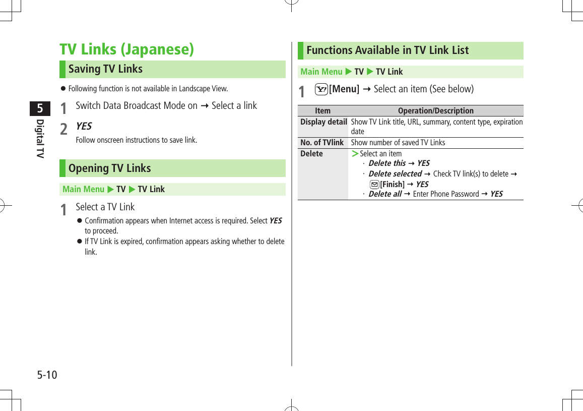 Digital TV5-105TV Links (Japanese)Saving TV LinksFollowing function is not available in Landscape View. 󱛠1  Switch Data Broadcast Mode on  Select a link2 YESFollow onscreen instructions to save link.Opening TV LinksMain Menu  TV  TV Link1  Select a TV LinkConfirmation appears when Internet access is required. Select  󱛠YES to proceed.If TV Link is expired, confirmation appears asking whether to delete  󱛠link.Functions Available in TV Link ListMain Menu  TV  TV Link1 [Menu]  Select an item (See below)Item Operation/DescriptionDisplay detail Show TV Link title, URL, summary, content type, expiration dateNo. of TVlink Show number of saved TV LinksDelete Select an item ＞Delete this・    YESDelete selected・    Check TV link(s) to delete  [Finish]  YESDelete all・    Enter Phone Password  YES