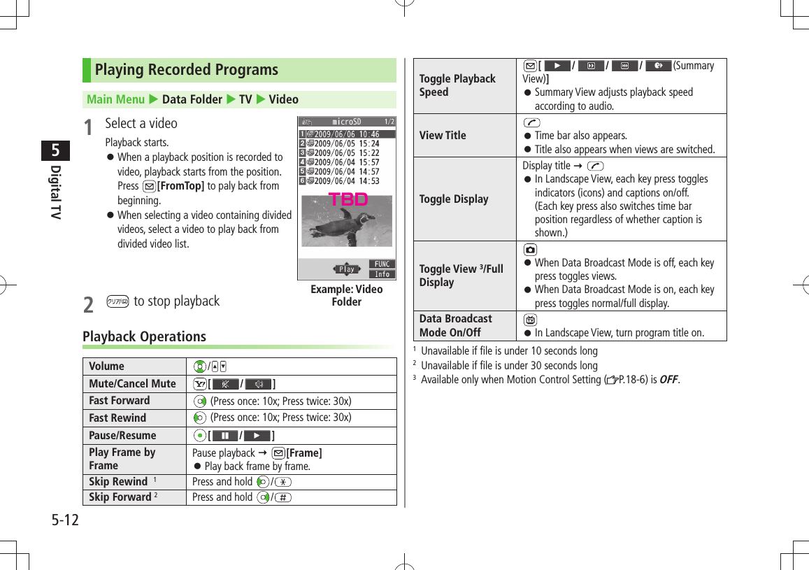 Digital TV5-125Playing Recorded ProgramsMain Menu  Data Folder  TV  Video1  Select a videoPlayback starts.When a playback position is recorded to   󱛠video, playback starts from the position. Press  [FromTop] to paly back from  beginning.When selecting a video containing divided   󱛠videos, select a video to play back from  divided video list.2   to stop playbackPlayback OperationsVolume /Mute/Cancel Mute [ / ]Fast Forward  (Press once: 10x; Press twice: 30x)Fast Rewind  (Press once: 10x; Press twice: 30x)Pause/Resume [ / ]Play Frame by FramePause playback  [Frame]Play back frame by frame. 󱛠Skip Rewind  1Press and hold  /Skip Forward 2Press and hold  /Example: Video FolderToggle Playback Speed[ / / / (Summary View)]Summary View adjusts playback speed  󱛠according to audio.View Title Time bar also appears. 󱛠Title also appears when views are switched. 󱛠Toggle DisplayDisplay title  In Landscape View, each key press toggles  󱛠indicators (icons) and captions on/off. (Each key press also switches time bar position regardless of whether caption is shown.)Toggle View 3/Full DisplayWhen Data Broadcast Mode is off, each key  󱛠press toggles views.When Data Broadcast Mode is on, each key  󱛠press toggles normal/full display.Data Broadcast Mode On/Off In Landscape View, turn program title on. 󱛠1  Unavailable if file is under 10 seconds long2  Unavailable if file is under 30 seconds long3  Available only when Motion Control Setting ( P.18-6) is OFF.TBD
