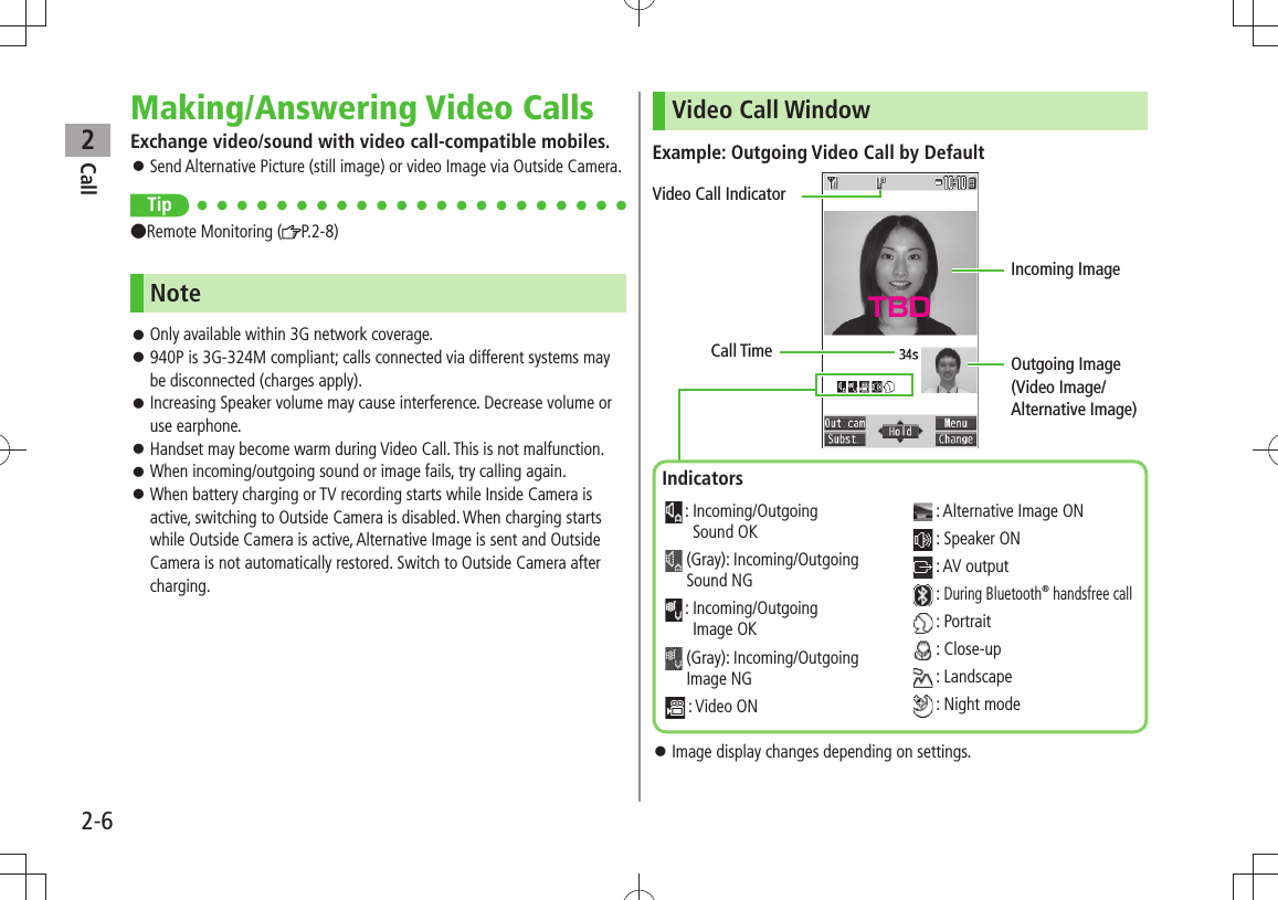 Call22-6Making/Answering Video CallsExchange video/sound with video call-compatible mobiles.Send Alternative Picture (still image) or video Image via Outside Camera. 󱛠Tip●Remote Monitoring ( P.2-8)NoteOnly available within 3G network coverage. 󱛠940P is 3G-324M compliant; calls connected via different systems may  󱛠be disconnected (charges apply).Increasing Speaker volume may cause interference. Decrease volume or  󱛠use earphone.Handset may become warm during Video Call. This is not malfunction. 󱛠When incoming/outgoing sound or image fails, try calling again. 󱛠When battery charging or TV recording starts while Inside Camera is  󱛠active, switching to Outside Camera is disabled. When charging starts while Outside Camera is active, Alternative Image is sent and Outside Camera is not automatically restored. Switch to Outside Camera after charging.Video Call WindowExample: Outgoing Video Call by DefaultImage display changes depending on settings. 󱛠Call TimeVideo Call IndicatorIncoming ImageOutgoing Image (Video Image/Alternative Image)Indicators :  Incoming/Outgoing  Sound OK  (Gray): Incoming/Outgoing Sound NG :  Incoming/Outgoing  Image OK  (Gray): Incoming/Outgoing Image NG : Video ON : Alternative Image ON : Speaker ON : AV output : During Bluetooth® handsfree call : Portrait : Close-up : Landscape : Night modeTBD