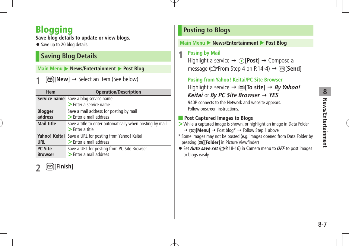 News/Entertainment8-78BloggingSave blog details to update or view blogs.Save up to 20 blog details. 󱛠Saving Blog DetailsMain Menu  News/Entertainment  Post Blog1 [New]  Select an item (See below)Item Operation/DescriptionService name Save a blog service nameEnter a service name ＞Blogger addressSave a mail address for posting by mailEnter a mail address ＞Mail title Save a title to enter automatically when posting by mailEnter a title ＞Yahoo! Keitai URLSave a URL for posting from Yahoo! KeitaiEnter a mail address ＞PC Site BrowserSave a URL for posting from PC Site BrowserEnter a mail address ＞2 [Finish]Posting to BlogsMain Menu  News/Entertainment  Post Blog1  Posing by MailHighlight a service  [Post]  Compose a message ( From Step 4 on P.14-4)  [Send]  Posing from Yahoo! Keitai/PC Site BrowserHighlight a service  [To site]  By Yahoo! Keitai or By PC Site Browser  YES940P connects to the Network and website appears.Follow onscreen instructions.Post Captured Images to Blogs ■While a captured image is shown, or highlight an image in Data Folder  ＞ [Menu]  Post blog*  Follow Step 1 above* Some images may not be posted (e.g. images opened from Data Folder by pressing  [Folder] in Picture Viewfinder)Set  󱛠Auto save set ( P.18-16) in Camera menu to OFF to post images to blogs easily.