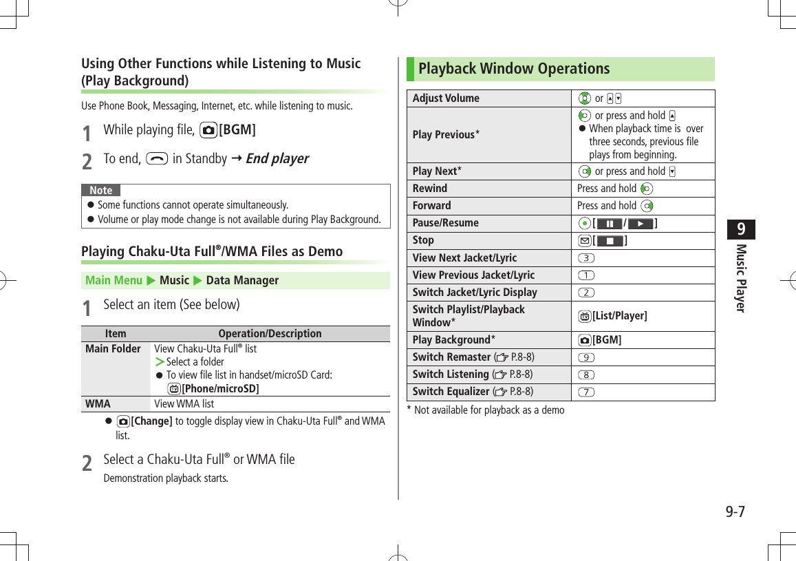Music Player9-79Using Other Functions while Listening to Music (Play Background)Use Phone Book, Messaging, Internet, etc. while listening to music.1  While playing file,  [BGM]2 To end,   in Standby  End playerNoteSome functions cannot operate simultaneously. 󱛠Volume or play mode change is not available during Play Background. 󱛠Playing Chaku-Uta Full®/WMA Files as DemoMain Menu  Music  Data Manager1  Select an item (See below)Item Operation/DescriptionMain Folder View Chaku-Uta Full® listSelect a folder ＞To view file list in handset/microSD Card:   󱛠[Phone/microSD] WMA View WMA list 󱛠[Change] to toggle display view in Chaku-Uta Full® and WMA list.2  Select a Chaku-Uta Full® or WMA fileDemonstration playback starts.Playback Window OperationsAdjust Volume  or Play Previous* or press and hold When playback time is  over  󱛠three seconds, previous file plays from beginning.Play Next* or press and hold Rewind Press and hold Forward Press and hold Pause/Resume [ / ]Stop [ ]View Next Jacket/LyricView Previous Jacket/LyricSwitch Jacket/Lyric DisplaySwitch Playlist/Playback Window*[List/Player]Play Background*[BGM]Switch Remaster ( P.8-8)Switch Listening (  P.8-8)Switch Equalizer (  P.8-8)* Not available for playback as a demo