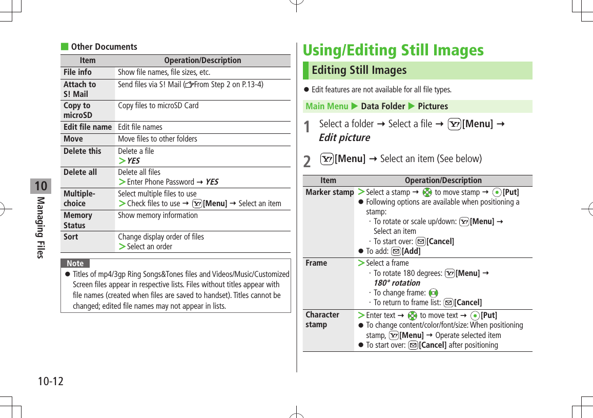 Managing Files10-1210Other Documents ■Item Operation/DescriptionFile info Show file names, file sizes, etc.Attach to  S! MailSend files via S! Mail ( From Step 2 on P.13-4)Copy to microSDCopy files to microSD CardEdit file name Edit file namesMove Move files to other foldersDelete this Delete a fileYES ＞Delete all Delete all filesEnter Phone Password  ＞ YESMultiple-choiceSelect multiple files to useCheck files to use  ＞ [Menu]  Select an itemMemory StatusShow memory informationSort Change display order of filesSelect an order ＞NoteTitles of mp4/3gp Ring Songs&amp;Tones files and Videos/Music/Customized  󱛠Screen files appear in respective lists. Files without titles appear with file names (created when files are saved to handset). Titles cannot be changed; edited file names may not appear in lists.Using/Editing Still ImagesEditing Still ImagesEdit features are not available for all file types. 󱛠Main Menu  Data Folder  Pictures1  Select a folder  Select a file  [Menu]   Edit picture2 [Menu]  Select an item (See below)Item Operation/DescriptionMarker stamp Select a stamp  ＞  to move stamp  [Put]Following options are available when positioning a  󱛠stamp:To rotate or scale up/down: ・  [Menu]   Select an itemTo start over: ・  [Cancel]To add:  󱛠[Add]Frame Select a frame ＞To rotate 180 degrees: ・  [Menu]   180° rotationTo change frame: ・ To return to frame list: ・  [Cancel]Character stampEnter text  ＞  to move text  [Put]To change content/color/font/size: When positioning  󱛠stamp,  [Menu]  Operate selected itemTo start over:  󱛠[Cancel] after positioning