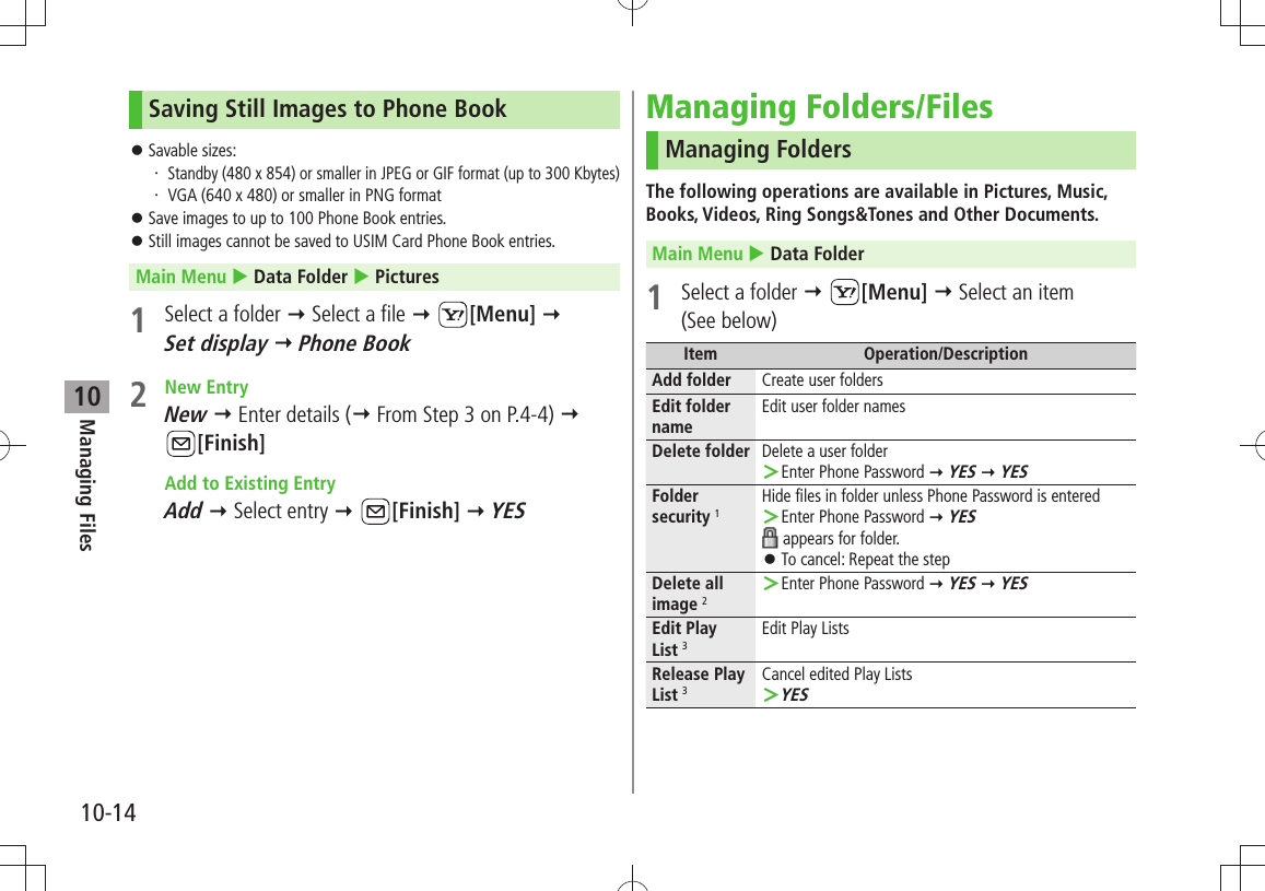 Managing Files10-1410Saving Still Images to Phone BookSavable sizes: 󱛠 ・ Standby (480 x 854) or smaller in JPEG or GIF format (up to 300 Kbytes)VGA (640 x 480) or smaller in PNG format・ Save images to up to 100 Phone Book entries. 󱛠Still images cannot be saved to USIM Card Phone Book entries. 󱛠Main Menu  Data Folder  Pictures1  Select a folder  Select a file  [Menu]   Set display  Phone Book2 New EntryNew  Enter details ( From Step 3 on P.4-4)   [Finish]  Add to Existing EntryAdd  Select entry  [Finish]  YESManaging Folders/FilesManaging FoldersThe following operations are available in Pictures, Music, Books, Videos, Ring Songs&amp;Tones and Other Documents.Main Menu  Data Folder1  Select a folder  [Menu]  Select an item  (See below)Item Operation/DescriptionAdd folder Create user foldersEdit folder nameEdit user folder namesDelete folder Delete a user folderEnter Phone Password  ＞ YES  YESFolder security 1Hide files in folder unless Phone Password is enteredEnter Phone Password  ＞ YES appears for folder.To cancel: Repeat the step 󱛠Delete all image 2Enter Phone Password  ＞ YES  YESEdit Play  List 3Edit Play ListsRelease Play List 3Cancel edited Play ListsYES ＞