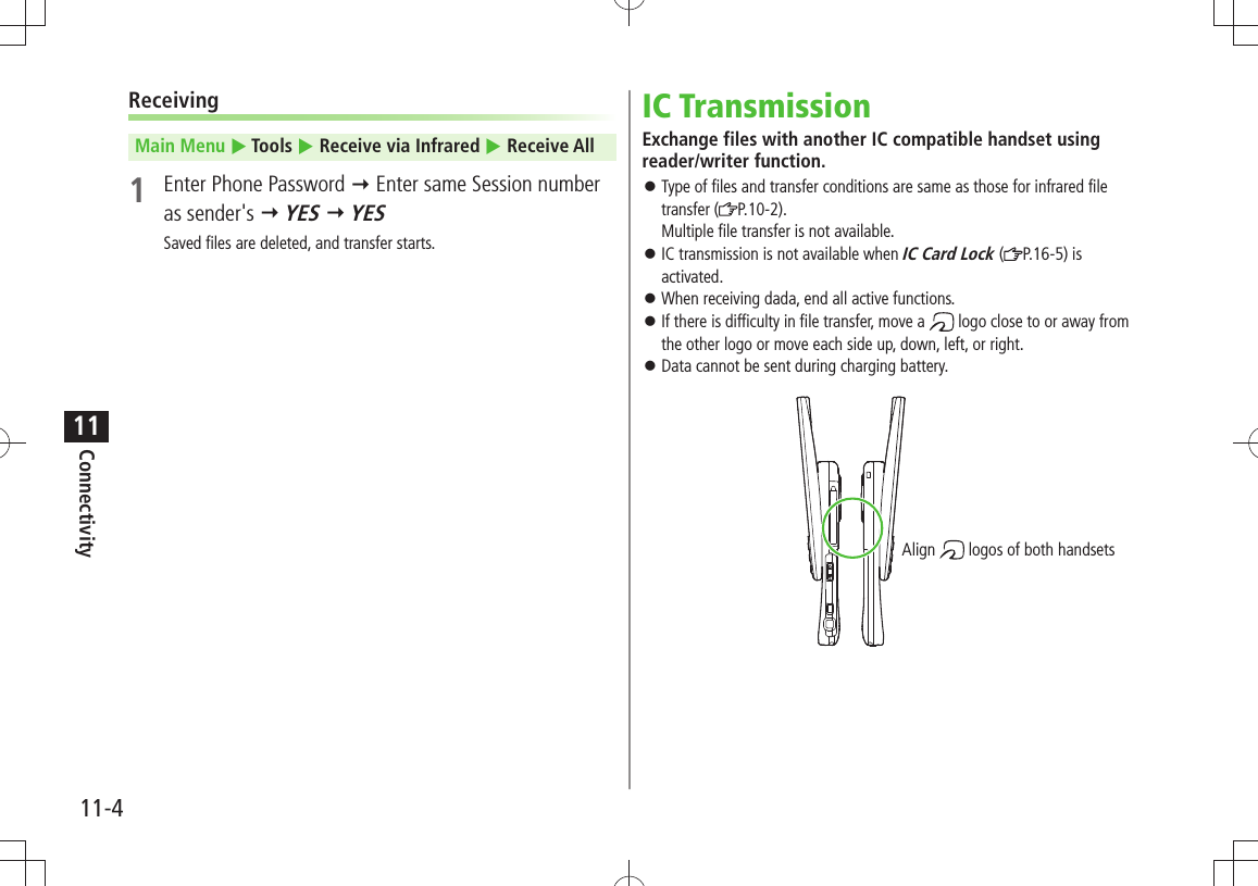 Connectivity11-411ReceivingMain Menu  Tools  Receive via Infrared  Receive All1  Enter Phone Password  Enter same Session number as sender&apos;s  YES  YESSaved files are deleted, and transfer starts.IC TransmissionExchange files with another IC compatible handset using reader/writer function.Type of files and transfer conditions are same as those for infrared file  󱛠transfer ( P.10-2). Multiple file transfer is not available.IC transmission is not available when  󱛠IC Card Lock ( P.16-5) is activated.When receiving dada, end all active functions. 󱛠If there is difficulty in file transfer, move a  󱛠 logo close to or away from the other logo or move each side up, down, left, or right.Data cannot be sent during charging battery. 󱛠Align   logos of both handsets