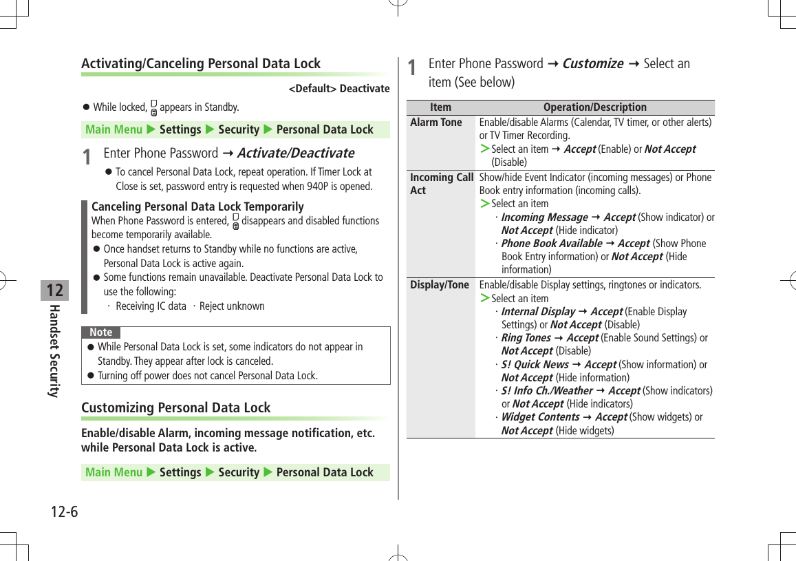 12-6Handset Security12Activating/Canceling Personal Data Lock&lt;Default&gt; DeactivateWhile locked,  󱛠 appears in Standby.Main Menu  Settings  Security  Personal Data Lock1  Enter Phone Password  Activate/DeactivateTo cancel Personal Data Lock, repeat operation. If Timer Lock at  󱛠Close is set, password entry is requested when 940P is opened.Canceling Personal Data Lock TemporarilyWhen Phone Password is entered,   disappears and disabled functions become temporarily available.Once handset returns to Standby while no functions are active,  󱛠Personal Data Lock is active again.Some functions remain unavailable. Deactivate Personal Data Lock to  󱛠use the following:Receiving IC data  ・  ・ Reject unknownNoteWhile Personal Data Lock is set, some indicators do not appear in  󱛠Standby. They appear after lock is canceled.Turning off power does not cancel Personal Data Lock. 󱛠Customizing Personal Data LockEnable/disable Alarm, incoming message notification, etc. while Personal Data Lock is active.Main Menu  Settings  Security  Personal Data Lock1  Enter Phone Password  Customize  Select an item (See below)Item Operation/DescriptionAlarm Tone Enable/disable Alarms (Calendar, TV timer, or other alerts) or TV Timer Recording.Select an item  ＞ Accept (Enable) or Not Accept (Disable)Incoming Call ActShow/hide Event Indicator (incoming messages) or Phone Book entry information (incoming calls).Select an item ＞Incoming Message・    Accept (Show indicator) or  Not Accept (Hide indicator)Phone Book Available・    Accept (Show Phone Book Entry information) or Not Accept (Hide information)Display/Tone Enable/disable Display settings, ringtones or indicators.Select an item ＞Internal Display・    Accept (Enable Display Settings) or Not Accept (Disable)Ring Tones・    Accept (Enable Sound Settings) or Not Accept (Disable)S! Quick News・    Accept (Show information) or Not Accept (Hide information)S! Info Ch./Weather・    Accept (Show indicators) or Not Accept (Hide indicators)Widget Contents・    Accept (Show widgets) or Not Accept (Hide widgets)