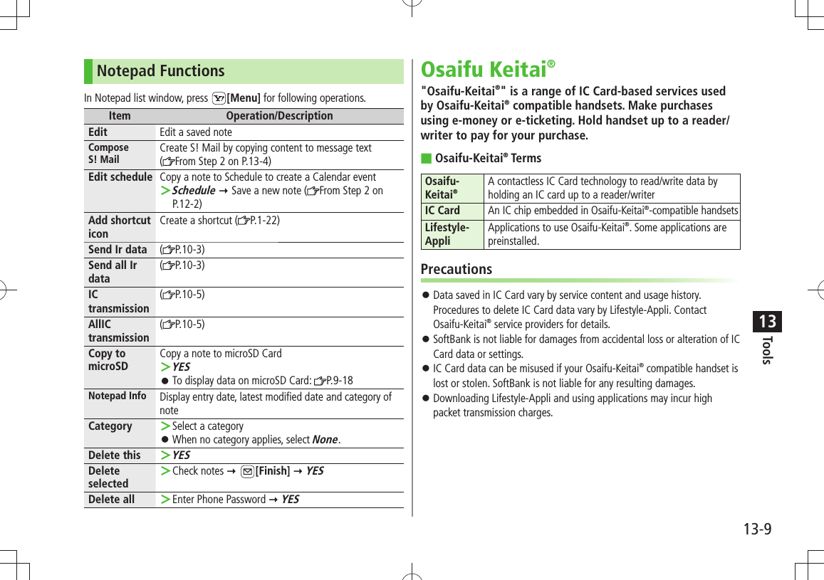 Tools13-913Notepad FunctionsIn Notepad list window, press  [Menu] for following operations.Item Operation/DescriptionEdit Edit a saved noteCompose  S! MailCreate S! Mail by copying content to message text  (From Step 2 on P.13-4)Edit schedule Copy a note to Schedule to create a Calendar eventSchedule ＞  Save a new note ( From Step 2 on P.12-2)Add shortcut iconCreate a shortcut ( P.1-22)Send Ir data (P.10-3)Send all Ir data(P.10-3)IC transmission(P.10-5)AllIC transmission(P.10-5)Copy to microSDCopy a note to microSD CardYES ＞To display data on microSD Card:  󱛠P.9-18Notepad Info Display entry date, latest modified date and category of noteCategory Select a category ＞When no category applies, select  󱛠None.Delete thisYES ＞Delete selectedCheck notes  ＞ [Finish]  YESDelete all Enter Phone Password  ＞ YESOsaifu Keitai®&quot;Osaifu-Keitai®&quot; is a range of IC Card-based services used by Osaifu-Keitai® compatible handsets. Make purchases using e-money or e-ticketing. Hold handset up to a reader/writer to pay for your purchase.Osaifu-Keitai ■® TermsOsaifu-Keitai®A contactless IC Card technology to read/write data by holding an IC card up to a reader/writerIC Card An IC chip embedded in Osaifu-Keitai®-compatible handsetsLifestyle-AppliApplications to use Osaifu-Keitai®. Some applications are preinstalled.PrecautionsData saved in IC Card vary by service content and usage history.  󱛠Procedures to delete IC Card data vary by Lifestyle-Appli. Contact Osaifu-Keitai® service providers for details.SoftBank is not liable for damages from accidental loss or alteration of IC  󱛠Card data or settings.IC Card data can be misused if your Osaifu-Keitai 󱛠® compatible handset is lost or stolen. SoftBank is not liable for any resulting damages.Downloading Lifestyle-Appli and using applications may incur high  󱛠packet transmission charges.