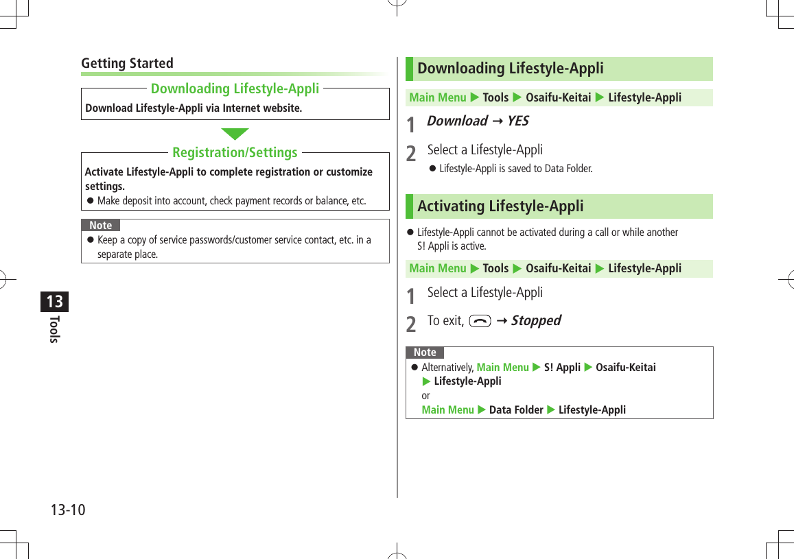 Tools13-1013Getting StartedDownload Lifestyle-Appli via Internet website.Activate Lifestyle-Appli to complete registration or customize settings.Make deposit into account, check payment records or balance, etc. 󱛠NoteKeep a copy of service passwords/customer service contact, etc. in a  󱛠separate place.Downloading Lifestyle-AppliRegistration/SettingsDownloading Lifestyle-AppliMain Menu  Tools  Osaifu-Keitai  Lifestyle-Appli1 Download  YES2  Select a Lifestyle-AppliLifestyle-Appli is saved to Data Folder. 󱛠Activating Lifestyle-AppliLifestyle-Appli cannot be activated during a call or while another   󱛠S! Appli is active.Main Menu  Tools  Osaifu-Keitai  Lifestyle-Appli1  Select a Lifestyle-Appli2 To exit,    StoppedNoteAlternatively,  󱛠Main Menu  S! Appli  Osaifu-Keitai   Lifestyle-Appli  or  Main Menu  Data Folder  Lifestyle-Appli