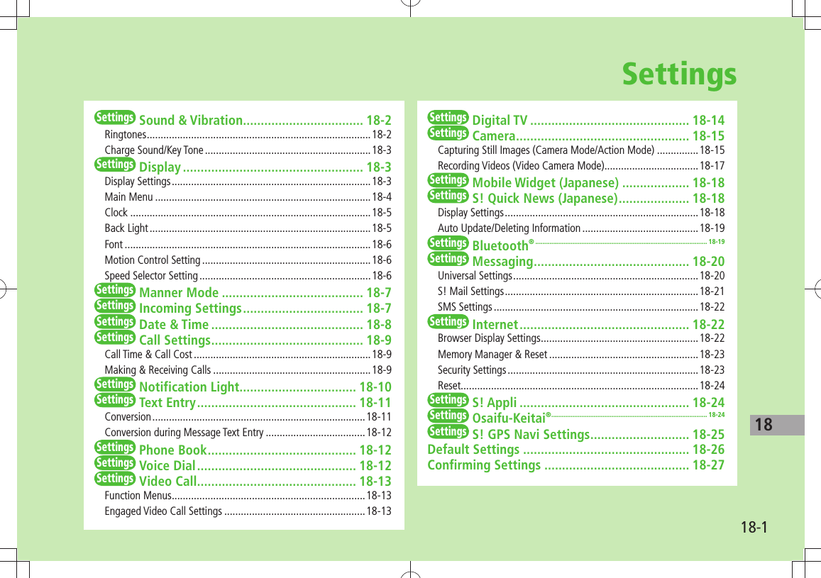18-118SettingsSettingsSound &amp; Vibration .................................. 18-2Ringtones .................................................................................18-2Charge Sound/Key Tone ............................................................18-3SettingsDisplay ................................................... 18-3Display Settings ........................................................................18-3Main Menu ..............................................................................18-4Clock .......................................................................................18-5Back Light ................................................................................18-5Font .........................................................................................18-6Motion Control Setting .............................................................18-6Speed Selector Setting ..............................................................18-6SettingsManner Mode ........................................ 18-7SettingsIncoming Settings .................................. 18-7SettingsDate &amp; Time ........................................... 18-8SettingsCall Settings ........................................... 18-9Call Time &amp; Call Cost ................................................................18-9Making &amp; Receiving Calls .........................................................18-9SettingsNotification Light ................................. 18-10SettingsText Entry ............................................. 18-11Conversion ............................................................................. 18-11Conversion during Message Text Entry ....................................18-12SettingsPhone Book .......................................... 18-12SettingsVoice Dial ............................................. 18-12SettingsVideo Call............................................. 18-13Function Menus ......................................................................18-13Engaged Video Call Settings ...................................................18-13SettingsDigital TV ............................................. 18-14SettingsCamera ................................................. 18-15Capturing Still Images (Camera Mode/Action Mode) ...............18-15Recording Videos (Video Camera Mode) ..................................18-17SettingsMobile Widget (Japanese) ................... 18-18SettingsS! Quick News (Japanese) .................... 18-18Display Settings ......................................................................18-18Auto Update/Deleting Information ..........................................18-19SettingsBluetooth® ................................................................................................. 18-19SettingsMessaging ............................................ 18-20Universal Settings ...................................................................18-20S! Mail Settings ......................................................................18-21SMS Settings ..........................................................................18-22SettingsInternet ................................................ 18-22Browser Display Settings .........................................................18-22Memory Manager &amp; Reset ......................................................18-23Security Settings .....................................................................18-23Reset......................................................................................18-24SettingsS! Appli ................................................ 18-24SettingsOsaifu-Keitai® ........................................................................................ 18-24SettingsS! GPS Navi Settings ............................ 18-25Default Settings ............................................... 18-26Confirming Settings ......................................... 18-27