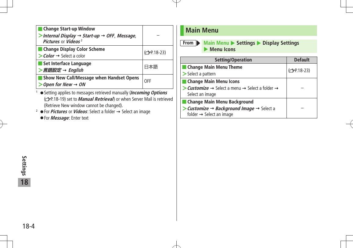 18-4Settings18Change Start-up Window ■Internal Display ＞  Start-up  OFF, Message, Pictures or Videos 2–Change Display  ■Color SchemeColor ＞  Select a color (P.18-23)Set Interface  ■Language言語設定 ＞  EnglishShow New Call/Message when Handset Opens ■ ＞Open for New  ONOFF1 󱛠Setting applies to messages retrieved manually (Incoming Options ( P.18-19) set to Manual Retrieval) or when Server Mail is retrieved (Retrieve New window cannot be changed).2 󱛠For Pictures or Videos: Select a folder  Select an image 󱛠For Message: Enter textMain MenuFrom Main Menu  Settings  Display Settings   Menu IconsSetting/Operation DefaultChange Main Menu Theme ■Select a pattern ＞(P.18-23)Change Main Menu Icons ■Customize ＞  Select a menu  Select a folder  Select an image–Change Main Menu Background ■Customize ＞  Background Image  Select a folder  Select an image–