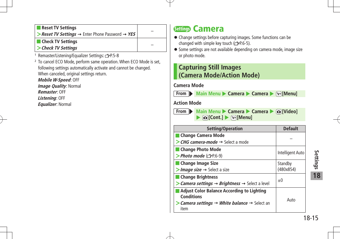 18-15Settings18Reset  ■TV SettingsReset TV Settings ＞  Enter Phone Password  YES–Check TV Settings ■Check TV Settings ＞–1 Remaster/Listening/Equalizer Settings:  P.5-82   To cancel ECO Mode, perform same operation. When ECO Mode is set, following settings automatically activate and cannot be changed.  When canceled, original settings return. Mobile W-Speed: OFF Image Quality: Normal Remaster: OFF Listening: OFF Equalizer: NormalSettingsCameraChange settings before capturing images. Some functions can be  󱛠changed with simple key touch ( P.6-5).Some settings are not available depending on camera mode, image size  󱛠or photo mode.Capturing Still Images  (Camera Mode/Action Mode)Camera ModeFrom Main Menu  Camera  Camera   [Menu]Action ModeFrom Main Menu  Camera  Camera   [Video]   [Cont.]   [Menu]Setting/Operation DefaultChange Camera Mode ■CHG camera-mode ＞  Select a mode –Change Photo Mode ■Photo mode  ＞( P.6-9) Intelligent AutoChange Image Size ■Image size ＞  Select a sizeStandby (480x854)Change Brightness ■Camera settings ＞  Brightness  Select a level ±0Adjust Color Balance According to Lighting  ■ConditionsCamera settings ＞  White balance  Select an itemAuto