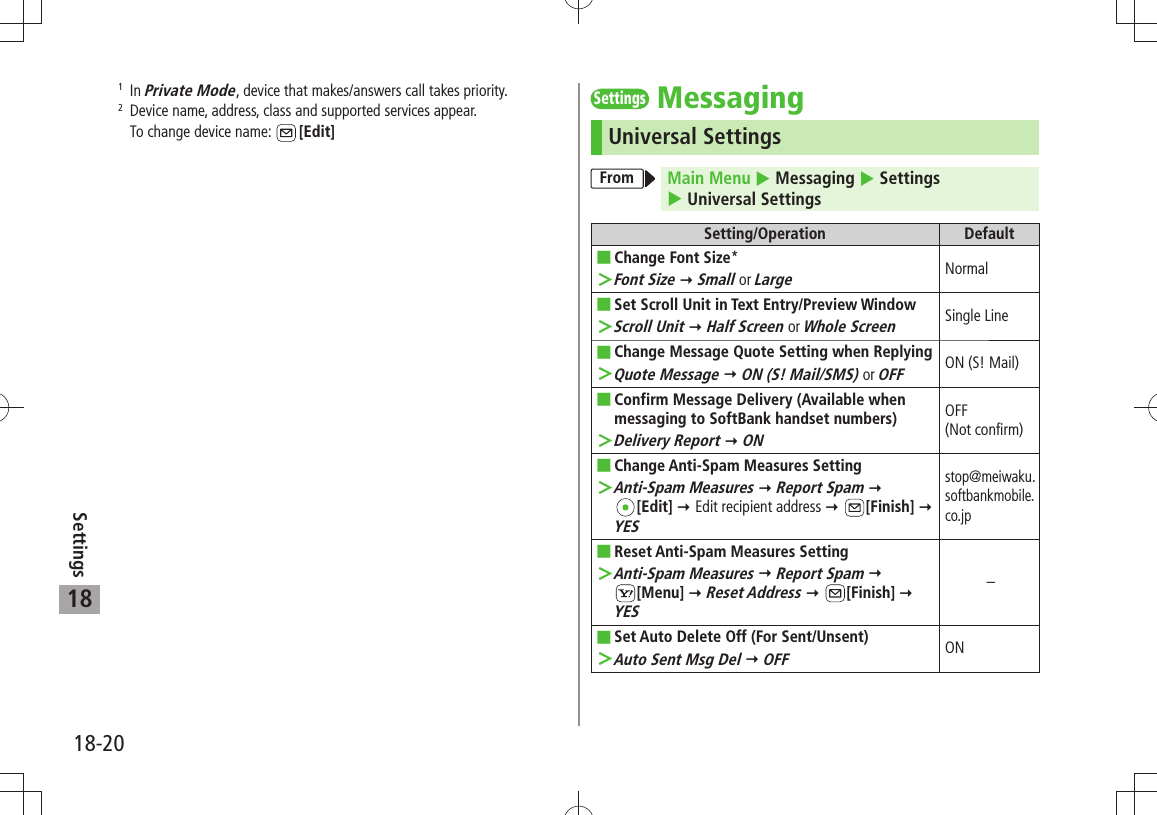 18-20Settings181  In Private Mode, device that makes/answers call takes priority.2   Device name, address, class and supported services appear. To change device name:  [Edit]SettingsMessagingUniversal SettingsFrom Main Menu  Messaging  Settings   Universal SettingsSetting/Operation DefaultChange Font Size ■*Font Size ＞  Small or LargeNormalSet Scroll Unit in Text Entry/Preview Window ■Scroll Unit ＞  Half Screen or Whole ScreenSingle LineChange Message Quote Setting when Replying ■Quote Message ＞  ON (S! Mail/SMS) or OFFON (S! Mail)Confirm Message Delivery (Available when  ■messaging to SoftBank handset numbers)Delivery Report ＞  ONOFF  (Not confirm)Change Anti-Spam Measures Setting ■Anti-Spam Measures ＞  Report Spam   [Edit]  Edit recipient address  [Finish]  YESstop@meiwaku.softbankmobile.co.jpReset Anti-Spam Measures Setting ■Anti-Spam Measures ＞  Report Spam   [Menu]  Reset Address  [Finish]  YES–Set Auto Delete Off (For Sent/Unsent) ■Auto Sent Msg Del ＞  OFFON