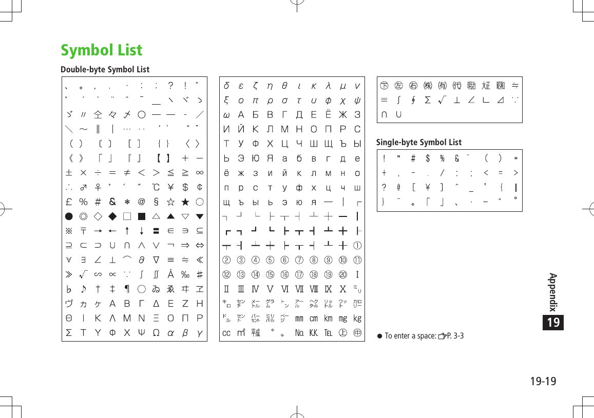 19-19Appendix19Symbol List&amp;Double-byte Symbol ListSingle-byte Symbol ListTo enter a space:  󱛠P. 3-3