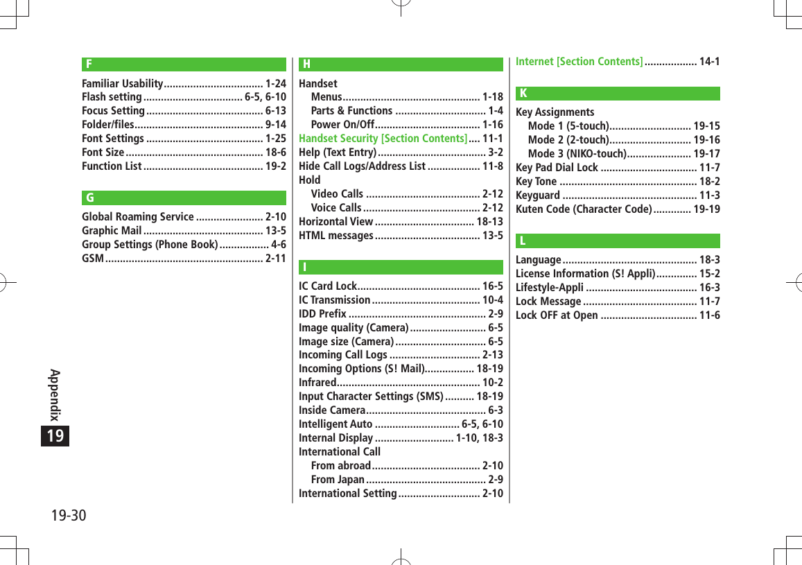 19-30Appendix19FFamiliar Usability .................................. 1-24Flash setting .................................. 6-5, 6-10Focus Setting ........................................ 6-13Folder/files ............................................ 9-14Font Settings ........................................ 1-25Font Size ............................................... 18-6Function List ......................................... 19-2GGlobal Roaming Service ....................... 2-10Graphic Mail ......................................... 13-5Group Settings (Phone Book) ................. 4-6GSM ...................................................... 2-11HHandsetMenus ............................................... 1-18Parts &amp; Functions ............................... 1-4Power On/Off .................................... 1-16Handset Security [Section Contents] .... 11-1Help (Text Entry) ..................................... 3-2Hide Call Logs/Address List .................. 11-8HoldVideo Calls ....................................... 2-12Voice Calls ........................................ 2-12Horizontal View .................................. 18-13HTML messages .................................... 13-5IIC Card Lock .......................................... 16-5IC Transmission ..................................... 10-4IDD Prefix ............................................... 2-9Image quality (Camera) .......................... 6-5Image size (Camera) ............................... 6-5Incoming Call Logs ............................... 2-13Incoming Options (S! Mail)................. 18-19Infrared ................................................. 10-2Input Character Settings (SMS) .......... 18-19Inside Camera ......................................... 6-3Intelligent Auto ............................. 6-5, 6-10Internal Display ........................... 1-10, 18-3International CallFrom abroad ..................................... 2-10From Japan ......................................... 2-9International Setting ............................ 2-10Internet [Section Contents] .................. 14-1KKey AssignmentsMode 1 (5-touch) ............................ 19-15Mode 2 (2-touch) ............................ 19-16Mode 3 (NIKO-touch) ...................... 19-17Key Pad Dial Lock ................................. 11-7Key Tone ............................................... 18-2Keyguard .............................................. 11-3Kuten Code (Character Code) ............. 19-19LLanguage .............................................. 18-3License Information (S! Appli) .............. 15-2Lifestyle-Appli ...................................... 16-3Lock Message ....................................... 11-7Lock OFF at Open ................................. 11-6