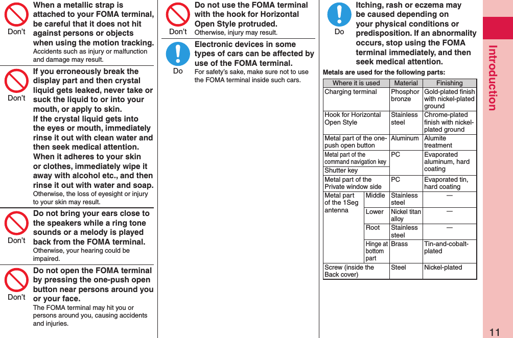 11IntroductionWhen a metallic strap is attached to your FOMA terminal, be careful that it does not hit against persons or objects when using the motion tracking.Accidents such as injury or malfunction and damage may result.If you erroneously break the display part and then crystal liquid gets leaked, never take or suck the liquid to or into your mouth, or apply to skin. If the crystal liquid gets into the eyes or mouth, immediately rinse it out with clean water and then seek medical attention. When it adheres to your skin or clothes, immediately wipe it away with alcohol etc., and then rinse it out with water and soap.Otherwise, the loss of eyesight or injury to your skin may result.Do not bring your ears close to the speakers while a ring tone sounds or a melody is played back from the FOMA terminal.Otherwise, your hearing could be impaired.Do not open the FOMA terminal by pressing the one-push open button near persons around you or your face.The FOMA terminal may hit you or persons around you, causing accidents and injuries.Do not use the FOMA terminal with the hook for Horizontal Open Style protruded.Otherwise, injury may result.Electronic devices in some types of cars can be affected by use of the FOMA terminal.For safety’s sake, make sure not to use the FOMA terminal inside such cars.Itching, rash or eczema may be caused depending on your physical conditions or predisposition. If an abnormality occurs, stop using the FOMA terminal immediately, and then seek medical attention.Metals are used for the following parts:Where it is used Material FinishingCharging terminal Phosphor bronzeGold-plated ﬁnish with nickel-plated groundHook for Horizontal Open StyleStainless steelChrome-plated ﬁnish with nickel-plated groundMetal part of the one-push open buttonAluminumAlumite treatmentMetal part of the command navigation keyPC Evaporated aluminum, hard coatingShutter keyMetal part of the Private window sidePC Evaporated tin, hard coatingMetal part of the 1Seg antennaMiddle Stainless steelーLowerNickel titan alloyーRoot Stainless steelーHinge at bottom partBrass Tin-and-cobalt-platedScrew (inside the Back cover)Steel Nickel-platedDon’tDon’tDon’tDon’tDon’tDoDo