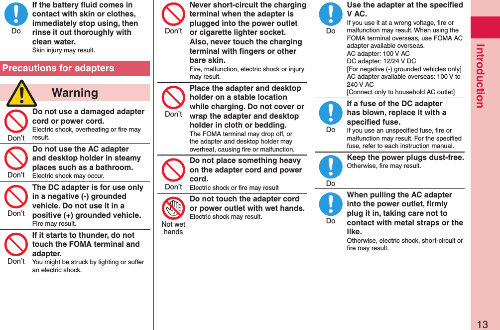 13IntroductionIf the battery ﬂuid comes in contact with skin or clothes, immediately stop using, then rinse it out thoroughly with clean water.Skin injury may result.Precautions for adapters  WarningDo not use a damaged adapter cord or power cord.Electric shock, overheating or ﬁre may result.Do not use the AC adapter and desktop holder in steamy places such as a bathroom.Electric shock may occur.The DC adapter is for use only in a negative (-) grounded vehicle. Do not use it in a positive (+) grounded vehicle.Fire may result.If it starts to thunder, do not touch the FOMA terminal and adapter.You might be struck by lighting or suffer an electric shock.Never short-circuit the charging terminal when the adapter is plugged into the power outlet or cigarette lighter socket. Also, never touch the charging terminal with ﬁngers or other bare skin.Fire, malfunction, electric shock or injury may result.Place the adapter and desktop holder on a stable location while charging. Do not cover or wrap the adapter and desktop holder in cloth or bedding.The FOMA terminal may drop off, or the adapter and desktop holder may overheat, causing ﬁre or malfunction.Do not place something heavy on the adapter cord and power cord.Electric shock or ﬁre may resultDo not touch the adapter cord or power outlet with wet hands.Electric shock may result.   Use the adapter at the speciﬁed V AC.If you use it at a wrong voltage, ﬁre or malfunction may result. When using the FOMA terminal overseas, use FOMA AC adapter available overseas. AC adapter: 100 V AC DC adapter: 12/24 V DC [For negative (-) grounded vehicles only] AC adapter available overseas: 100 V to 240 V AC [Connect only to household AC outlet]If a fuse of the DC adapter has blown, replace it with a speciﬁed fuse.If you use an unspeciﬁed fuse, ﬁre or malfunction may result. For the speciﬁed fuse, refer to each instruction manual.Keep the power plugs dust-free.Otherwise, ﬁre may result.  When pulling the AC adapter into the power outlet, ﬁrmly plug it in, taking care not to contact with metal straps or the like.Otherwise, electric shock, short-circuit or ﬁre may result.DoDon’tDon’tDon’tDon’tDon’tDon’tDon’tNot wethandsDoDoDoDo