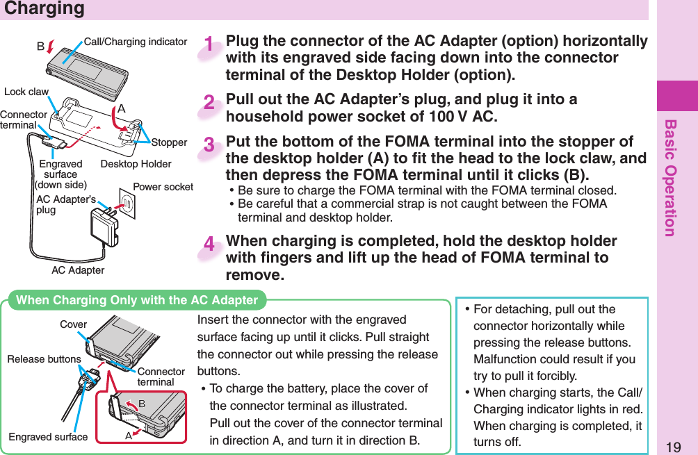 Basic Operation19Call/Charging indicator Desktop HolderConnector terminalPower socketEngraved surface(down side)AC AdapterAC Adapter’s plugLock clawStopperPlug the connector of the AC Adapter (option) horizontally with its engraved side facing down into the connector terminal of the Desktop Holder (option).Plug the connector of the AC Adapter (option) horizontally with its engraved side facing down into the connector 1Pull out the AC Adapter’s plug, and plug it into a household power socket of 100 V AC.Pull out the AC Adapter’s plug, and plug it into a household power socket of 100 V AC.2Put the bottom of the FOMA terminal into the stopper of the desktop holder (A) to ﬁ t the head to the lock claw, and then depress the FOMA terminal until it clicks (B). ⿠Be sure to charge the FOMA terminal with the FOMA terminal closed. ⿠Be careful that a commercial strap is not caught between the FOMA terminal and desktop holder.Put the bottom of the FOMA terminal into the stopper of the desktop holder (A) to ﬁ t the head to the lock claw, and 3When charging is completed, hold the desktop holder with ﬁ ngers and lift up the head of FOMA terminal to remove.When charging is completed, hold the desktop holder with ﬁ ngers and lift up the head of FOMA terminal to 4  When Charging Only with the AC AdapterInsert the connector with the engraved surface facing up until it clicks. Pull straight the connector out while pressing the release buttons. ⿠To charge the battery, place the cover of the connector terminal as illustrated.Pull out the cover of the connector terminal in direction A, and turn it in direction B. ⿠For detaching, pull out the connector horizontally while pressing the release buttons. Malfunction could result if you try to pull it forcibly. ⿠When charging starts, the Call/Charging indicator lights in red. When charging is completed, it turns off.   ChargingCoverRelease buttonsConnector terminalEngraved surface