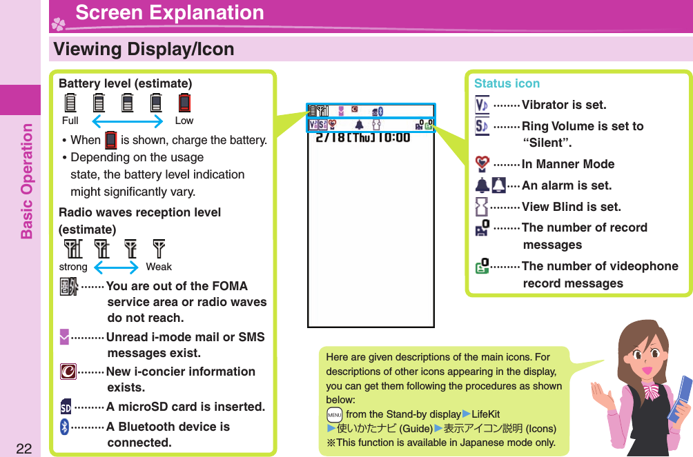 Basic Operation22  Viewing Display/Icon Battery level (estimate)      Full    Low ⿠When   is shown, charge the battery. ⿠Depending on the usage state, the battery level indication might signiﬁ cantly vary. Radio waves reception level (estimate)     strong    Weak ·······  You are out of the FOMA service area or radio waves do not reach. ··········Unread i-mode mail or SMS messages exist.········New i-concier information exists. ·········A microSD card is inserted. ·········· A Bluetooth device is connected.Here are given descriptions of the main icons. For descriptions of other icons appearing in the display, you can get them following the procedures as shown below: +m from the Stand-by display󱚤LifeKit󱚤使いかたナビ (Guide)󱚤表示アイコン説明 (Icons)※This function is available in Japanese mode only. Screen Explanation Status icon ········Vibrator is set. ········Ring Volume is set to “Silent”. ········In Manner Mode ····An alarm is set. ·········View Blind is set. ········The number of record messages ·········The number of videophone record messages