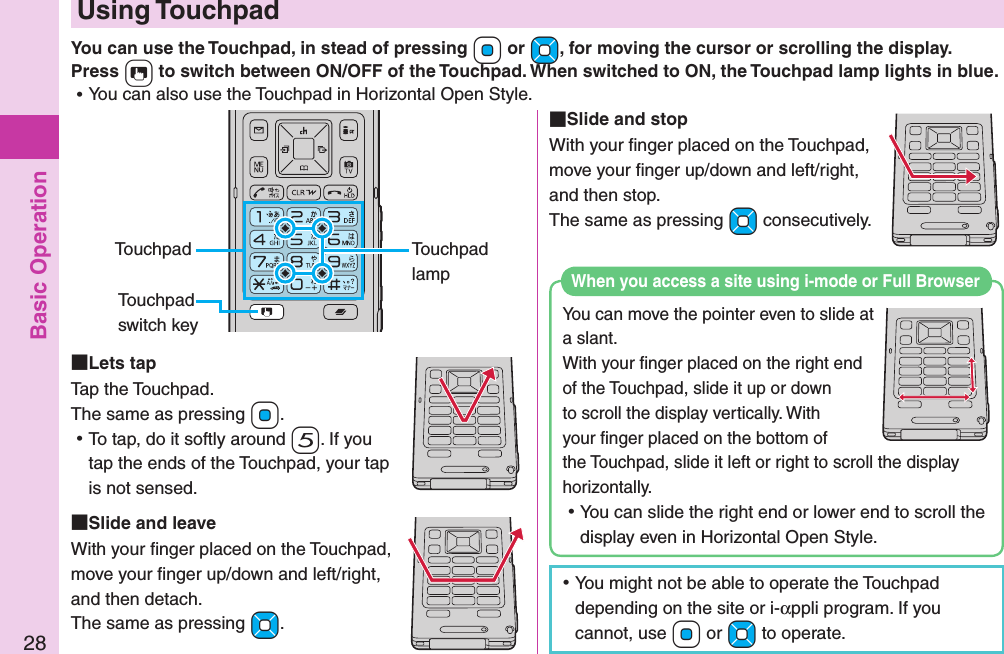 Basic Operation28  Using TouchpadYou can use the Touchpad, in stead of pressing +Oo or +Mo, for moving the cursor or scrolling the display. Press -t to switch between ON/OFF of the Touchpad. When switched to ON, the Touchpad lamp lights in blue.  ⿠You can also use the Touchpad in Horizontal Open Style. Touchpad Touchpad lampTouchpad switch key Lets tapTap the Touchpad. The same as pressing +Oo. ⿠To tap, do it softly around -5. If you tap the ends of the Touchpad, your tap is not sensed. Slide and leaveWith your ﬁ nger placed on the Touchpad, move your ﬁ nger up/down and left/right, and then detach.The same as pressing +Mo. Slide and stopWith your ﬁ nger placed on the Touchpad, move your ﬁ nger up/down and left/right, and then stop.The same as pressing +Mo consecutively.You can move the pointer even to slide at a slant. With your ﬁ nger placed on the right end of the Touchpad, slide it up or down to scroll the display vertically. With your ﬁ nger placed on the bottom of the Touchpad, slide it left or right to scroll the display horizontally. ⿠You can slide the right end or lower end to scroll the display even in Horizontal Open Style. When you access a site using i-mode or Full Browser ⿠You might not be able to operate the Touchpad depending on the site or i-αppli program. If you cannot, use +Oo or +Mo to operate.