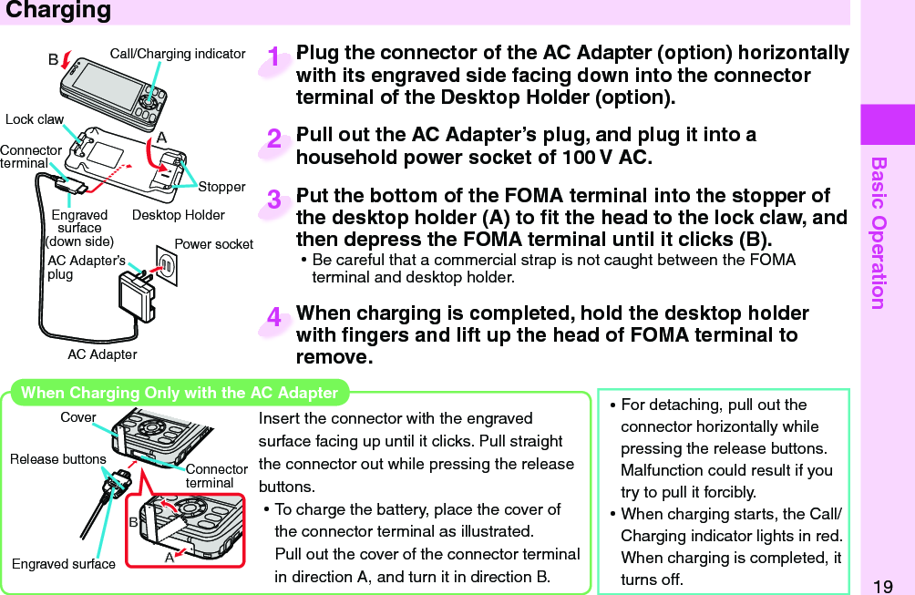 Basic Operation19Call/Charging indicator Desktop HolderConnector terminalPower socketEngraved surface(down side)AC AdapterAC Adapter’s plugLock clawStopperPlug the connector of the AC Adapter (option) horizontally with its engraved side facing down into the connector terminal of the Desktop Holder (option).Plug the connector of the AC Adapter (option) horizontally with its engraved side facing down into the connector 1Pull out the AC Adapter’s plug, and plug it into a household power socket of 100 V AC.Pull out the AC Adapter’s plug, and plug it into a household power socket of 100 V AC.2Put the bottom of the FOMA terminal into the stopper of the desktop holder (A) to ﬁ t the head to the lock claw, and then depress the FOMA terminal until it clicks (B). ⿠Be careful that a commercial strap is not caught between the FOMA terminal and desktop holder.Put the bottom of the FOMA terminal into the stopper of the desktop holder (A) to ﬁ t the head to the lock claw, and 3When charging is completed, hold the desktop holder with ﬁ ngers and lift up the head of FOMA terminal to remove.When charging is completed, hold the desktop holder with ﬁ ngers and lift up the head of FOMA terminal to 4  When Charging Only with the AC AdapterInsert the connector with the engraved surface facing up until it clicks. Pull straight the connector out while pressing the release buttons. ⿠To charge the battery, place the cover of the connector terminal as illustrated.Pull out the cover of the connector terminal in direction A, and turn it in direction B. ⿠For detaching, pull out the connector horizontally while pressing the release buttons. Malfunction could result if you try to pull it forcibly. ⿠When charging starts, the Call/Charging indicator lights in red. When charging is completed, it turns off.   ChargingCoverRelease buttons Connector terminalEngraved surface