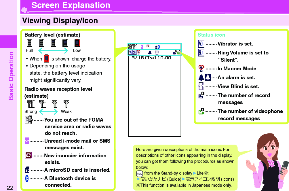 Basic Operation22  Viewing Display/Icon Battery level (estimate)      Full    Low ⿠When   is shown, charge the battery. ⿠Depending on the usage state, the battery level indication might signiﬁ cantly vary. Radio waves reception level (estimate)     Strong    Weak ·······  You are out of the FOMA service area or radio waves do not reach. ··········Unread i-mode mail or SMS messages exist.········New i-concier information exists. ·········A microSD card is inserted. ·········· A Bluetooth device is connected.Here are given descriptions of the main icons. For descriptions of other icons appearing in the display, you can get them following the procedures as shown below: +m from the Stand-by display󱚤LifeKit󱚤使いかたナビ (Guide)󱚤表示アイコン説明 (Icons)※This function is available in Japanese mode only. Screen Explanation Status icon ········Vibrator is set. ········Ring Volume is set to “Silent”. ········In Manner Mode ····An alarm is set. ·········View Blind is set. ········The number of record messages ·········The number of videophone record messages