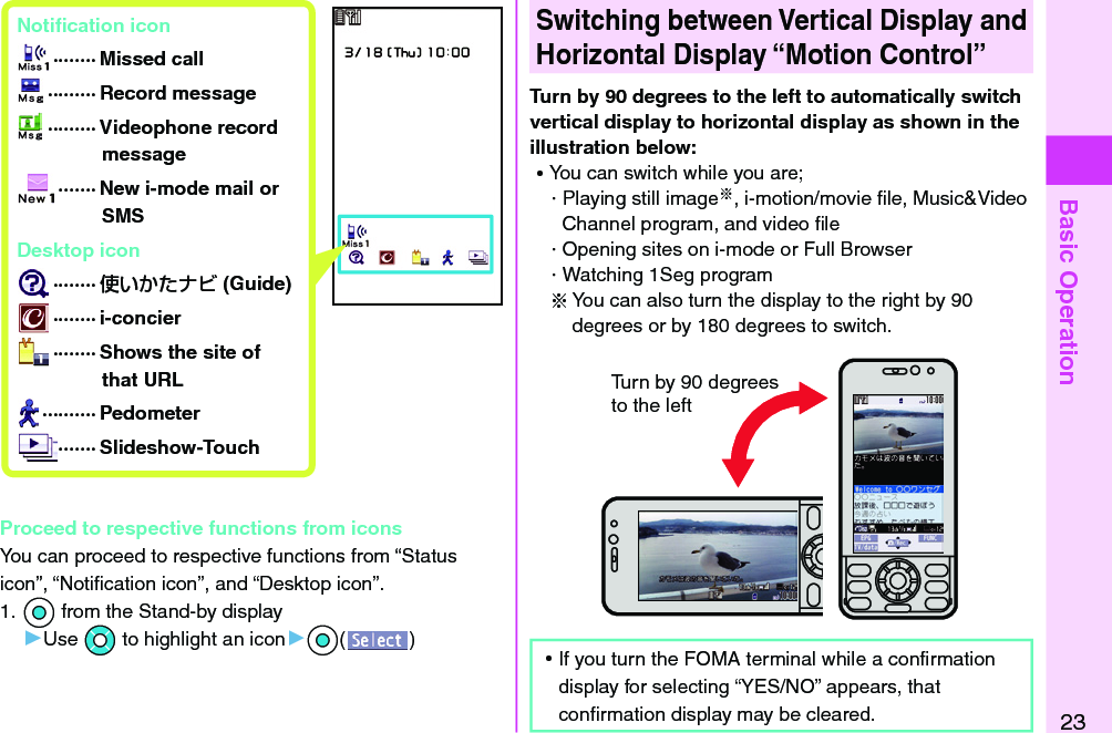 Basic Operation23 Notiﬁ cation icon ········ Missed call ········· Record message ········· Videophone record message ······· New i-mode mail or SMS Desktop icon ········  (Guide) ········ i-concier ········ Shows the site of that URL ·········· Pedometer······· Slideshow-Touch  Switching between Vertical Display and Horizontal Display “Motion Control”Turn by 90 degrees to the left to automatically switch vertical display to horizontal display as shown in the illustration below:  ⿠You can switch while you are;・ Playing still image※, i-motion/movie ﬁ le, Music&amp;Video Channel program, and video ﬁ le・ Opening sites on i-mode or Full Browser・ Watching 1Seg program※ You can also turn the display to the right by 90 degrees or by 180 degrees to switch.  ⿠If you turn the FOMA terminal while a conﬁ rmation display for selecting “YES/NO” appears, that conﬁ rmation display may be cleared.Proceed to respective functions from iconsYou can proceed to respective functions from “Status icon”, “Notiﬁ cation icon”, and “Desktop icon”.1. *Oo from the Stand-by display▶Use *Mo to highlight an icon▶*Oo()Turn by 90 degrees to the left 