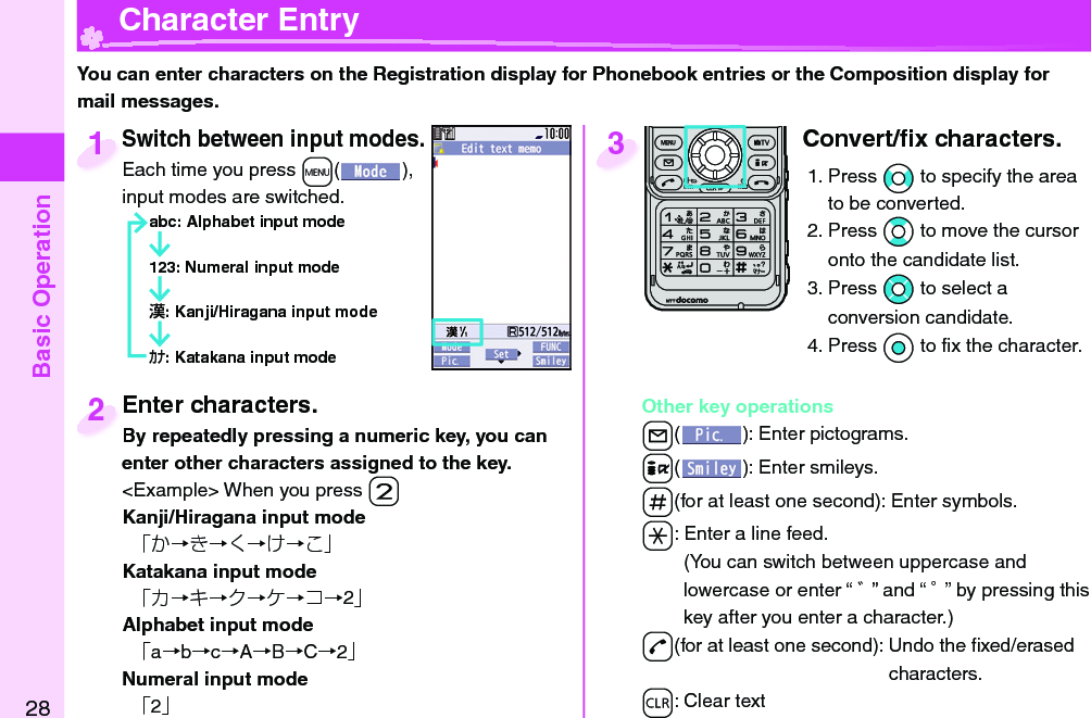 Basic Operation28  Character EntryYou can enter characters on the Registration display for Phonebook entries or the Composition display for mail messages.Switch between input modes.Each time you press +m( ), input modes are switched.abc: Alphabet input mode123: Numeral input mode: Kanji/Hiragana input mode: Katakana input modeSwitch between input modes.Each time you press 1Enter characters.By repeatedly pressing a numeric key, you can enter other characters assigned to the key.&lt;Example&gt; When you press -2Kanji/Hiragana input mode「か→き→く→け→こ」Katakana input mode「カ→キ→ク→ケ→コ→2」Alphabet input mode「a→b→c→A→B→C→2」Numeral input mode「2」Enter characters.By repeatedly pressing a numeric key, you can 2Convert/ﬁ x characters.1. Press *No to specify the area to be converted.2. Press *Bo to move the cursor onto the candidate list.3. Press *Mo to select a conversion candidate.4. Press *Oo to ﬁ x the character.Other key operations+l(): Enter  pictograms.+i(): Enter  smileys.-s(for at least one second): Enter  symbols.-a: Enter a  line feed.(You can switch between uppercase and lowercase or enter “ ゛” and “ ゜” by pressing this key after you enter a character.)-d(for at least one second): Undo the ﬁ xed/erased characters.-r: Clear text3