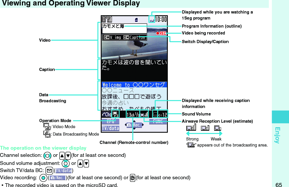 65Enjoy Viewing and Operating Viewer DisplayDisplayed while you are watching a 1Seg programProgram Information (outline)Operation Mode: Video Mode: Data Broadcasting ModeAirwave Reception Level (estimate)   Strong  Weak“” appears out of the broadcasting area.Sound VolumeVideo being recordedVideoCaptionData BroadcastingSwitch Display/CaptionThe operation on the viewer displayChannel selection: *No or .&lt;.&gt;(for at least one second)Sound volume adjustment: *Bo or .&lt;.&gt;Switch TV/data BC: +l() Video recording:  *Oo()(for at least one second) or .v(for at least one second) ⿠The recorded video is saved on the microSD card.Channel (Remote-control number)Displayed while receiving caption information