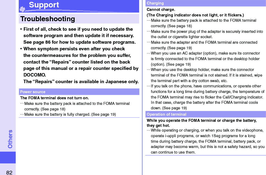 82Others Support  Troubleshooting ⿠First of all, check to see if you need to update the software program and then update it if necessary. See page 86 for how to update software programs. ⿠When symptom persists even after you check the countermeasures for the problem you suffer, contact the “Repairs” counter listed on the back page of this manual or a repair counter speciﬁ ed by DOCOMO.The “Repairs” counter is available in Japanese only.Power sourceThe FOMA terminal does not turn on. …Make sure the battery pack is attached to the FOMA terminal correctly. (See page 18) …Make sure the battery is fully charged. (See page 19)ChargingCannot charge.(The Charging indicator does not light, or it ﬂ ickers.) …Make sure the battery pack is attached to the FOMA terminal correctly. (See page 18) …Make sure the power plug of the adapter is securely inserted into the outlet or cigarette lighter socket. …Make sure the adapter and the FOMA terminal are connected correctly. (See page 19) …When you use an AC adapter (option), make sure its connector is ﬁ rmly connected to the FOMA terminal or the desktop holder (option). (See page 19) …When you use the desktop holder, make sure the connector terminal of the FOMA terminal is not stained. If it is stained, wipe the terminal part with a dry cotton swab, etc. …If you talk on the phone, have communications, or operate other functions for a long time during battery charge, the temperature of the FOMA terminal may rise to ﬂ icker the Call/Charging indicator. In that case, charge the battery after the FOMA terminal cools down. (See page 19)Operation of terminalWhile you operate the FOMA terminal or charge the battery, they get hot. …While operating or charging, or when you talk on the videophone, operate i-αppli programs, or watch 1Seg programs for a long time during battery charge, the FOMA terminal, battery pack, or adapter may become warm, but this is not a safety hazard, so you can continue to use them.