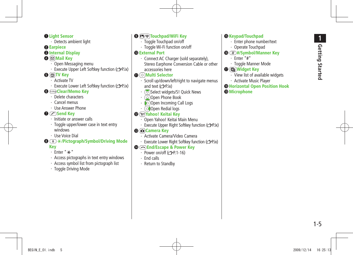 1Getting Started1-5❶ Light SensorDetects ambient light・ ❷ Earpiece❸ Internal Display❹  Mail KeyOpen Messaging menu・ Execute Upper Left Softkey function (・  P.ix)❺  TV KeyActivate TV・ Execute Lower Left Softkey function (・  P.ix)❻  Clear/Memo KeyDelete characters・ Cancel menus・ Use Answer Phone・ ❼  Send KeyInitiate or answer calls・ Toggle upper/lower case in text entry ・ windowsUse Voice Dial・ ❽  /Pictograph/Symbol/Driving Mode KeyEnter &quot;・  &quot;Access pictographs in text entry windows・ Access symbol list from pictograph list・ Toggle Driving Mode・ ❾  Touchpad/WiFi KeyToggle Touchpad on/off・ Toggle Wi-Fi function on/off・ 󱀓 External PortConnect AC Charger (sold separately), ・ Stereo Earphone Conversion Cable or other accessories here󱀔  Multi SelectorScroll up/down/left/right to navigate menus・   and text ( P.ix)・  Select widgets/S! Quick News・  Open Phone Book・  Open Incoming Call Logs・  Open Redial logs󱀕  Yahoo! Keitai KeyOpen Yahoo! Keitai Main Menu・ Execute Upper Right Softkey function (・  P. i x )󱀖  Camera KeyActivate Camera/Video Camera・ Execute Lower Right Softkey function (・  P. i x )󱀗  End/Escape &amp; Power KeyPower on/off (・  P.1-16)End calls・ Return to Standby・ 󱀘 Keypad/TouchpadEnter phone number/text・ Operate Touchpad・ 󱀙  #/Symbol/Manner KeyEnter &quot;#&quot;・ Toggle Manner Mode・ 󱀚  Widget KeyView list of available widgets・ Activate Music Player・ 󱀛 Horizontal Open Position Hook󱀜 MicrophoneBEGIN_E_OI.indb   5 2009/12/14   16:25:13
