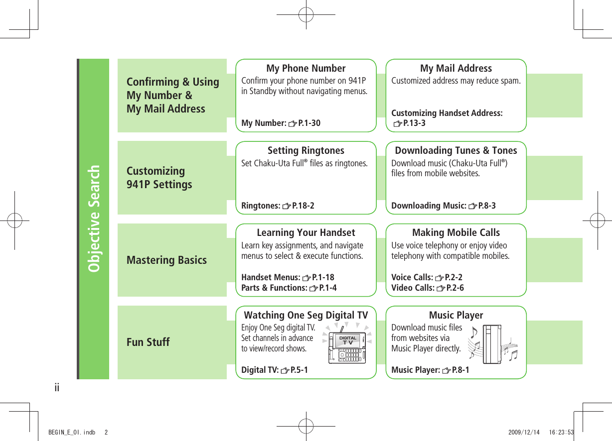 iiObjective SearchConﬁrming &amp; UsingMy Number &amp;My Mail AddressCustomizing  941P SettingsMastering BasicsFun StuffMy Phone NumberConﬁrm your phone number on 941P in Standby without navigating menus.My Number:  P.1-30My Mail AddressCustomized address may reduce spam.Customizing Handset Address: P.13-3Setting RingtonesSet Chaku-Uta Full® ﬁles as ringtones.Ringtones:  P.18-2Downloading Tunes &amp; TonesDownload music (Chaku-Uta Full®) ﬁles from mobile websites.Downloading Music:  P.8-3Learning Your HandsetLearn key assignments, and navigate menus to select &amp; execute functions.Handset Menus:  P.1-18Parts &amp; Functions:  P.1-4Making Mobile CallsUse voice telephony or enjoy video telephony with compatible mobiles.Voice Calls:  P.2-2Video Calls:  P.2-6Watching One Seg Digital TVEnjoy One Seg digital TV.  Set channels in advance  to view/record shows.Digital TV:  P.5-1Music PlayerDownload music ﬁles  from websites via  Music Player directly.Music Player:  P.8-1DIGITALT VBEGIN_E_OI.indb   2 2009/12/14   16:23:53