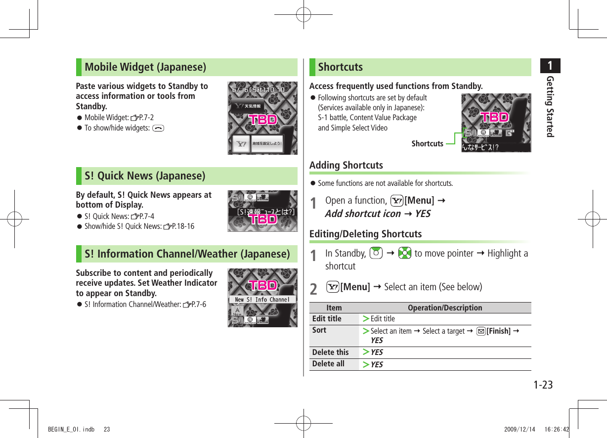 1Getting Started1-23Mobile Widget (Japanese)Paste various widgets to Standby to  access information or tools from Standby.Mobile Widget:  󱛠P.7-2To show/hide widgets:  󱛠S! Quick News (Japanese)By default, S! Quick News appears at  bottom of Display.S! Quick News:  󱛠P.7-4Show/hide S! Quick News:  󱛠P.18-16S! Information Channel/Weather (Japanese)Subscribe to content and periodically  receive updates. Set Weather Indicator to appear on Standby.S! Information Channel/Weather:  󱛠P.7-6ShortcutsAccess frequently used functions from Standby. 󱛠Following shortcuts are set by default  (Services available only in Japanese): S-1 battle, Content Value Package  and Simple Select VideoAdding ShortcutsSome functions are not available for shortcuts. 󱛠1  Open a function,  [Menu]   Add shortcut icon  YESEditing/Deleting Shortcuts1 In Standby,      to move pointer  Highlight a shortcut2 [Menu]  Select an item (See below)Item Operation/DescriptionEdit title Edit title ＞Sort Select an item  ＞ Select a target  [Finish]  YESDelete thisYES ＞Delete allYES ＞ShortcutsTBDTBDTBDTBDBEGIN_E_OI.indb   23 2009/12/14   16:26:42