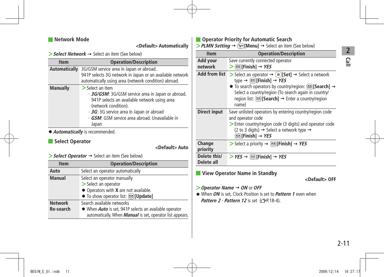Call22-11Network Mode ■&lt;Default&gt; AutomaticallySelect Network ＞  Select an item (See below)Item Operation/DescriptionAutomatically3G/GSM service area in Japan or abroad.941P selects 3G network in Japan or an available network automatically using area (network condition) abroad.Manually Select an item ＞3G/GSM・  : 3G/GSM service area in Japan or abroad. 941P selects an available network using area (network condition).3G・  : 3G service area in Japan or abroadGSM・  : GSM service area abroad. Unavailable in JapanAutomatically 󱛠 is recommended.Select Operator ■&lt;Default&gt; AutoSelect Operator ＞  Select an item (See below)Item Operation/DescriptionAuto Select an operator automaticallyManual Select an operator manuallySelect an operator ＞Operators with  󱛠X are not available.To show operator list:  󱛠[Update]Network  Re-searchSearch available networksWhen  󱛠Auto is set, 941P selects an available operator automatically. When Manual is set, operator list appears.Operator Priority for Automatic Search ■PLMN Setting ＞  [Menu]  Select an item (See below)Item Operation/DescriptionAdd your networkSave currently connected operator ＞[Finish]  YESAdd from list Select an operator  ＞ [Set]  Select a network type  [Finish]  YESTo search operators by country/region:  󱛠[Search]   Select a country/region (To search again in country/region list:  [Search]  Enter a country/region name)Direct input Save unlisted operators by entering country/region code and operator codeEnter country/region code (3 digits) and operator code  ＞(2 to 3 digits)  Select a network type   [Finish]  YESChange prioritySelect a priority  ＞ [Finish]  YESDelete this/Delete allYES ＞  [Finish]  YESView  ■Operator Name in Standby&lt;Default&gt; OFFOperator Name ＞  ON or OFFWhen  󱛠ON is set, Clock Position is set to Pattern 1 even when  Pattern 2 - Pattern 12 is set  ( P.18-4).BEGIN_E_OI.indb   11 2009/12/14   16:27:17