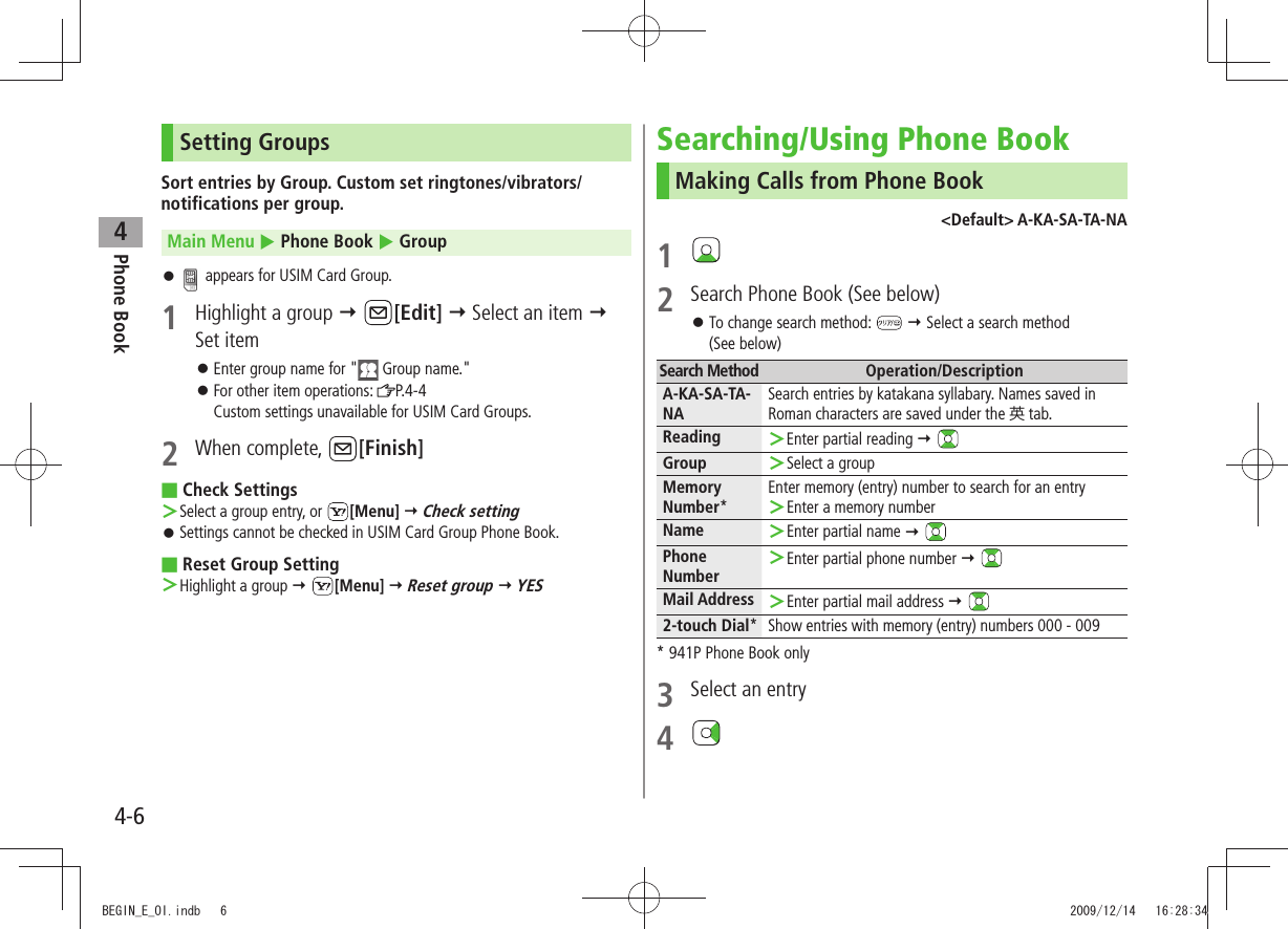 Phone Book44-6Setting GroupsSort entries by Group. Custom set ringtones/vibrators/notifications per group.Main Menu  Phone Book  Group 󱛠 appears for USIM Card Group.1  Highlight a group  [Edit]  Select an item  Set itemEnter group name for &quot; 󱛠 Group name.&quot;For other item operations:  󱛠P.4-4 Custom settings unavailable for USIM Card Groups.2 When complete,  [Finish]Check Settings ■Select a group entry, or  ＞[Menu]  Check settingSettings cannot be checked in USIM Card Group Phone Book. 󱛠Reset Group Setting ■Highlight a group  ＞ [Menu]  Reset group  YESSearching/Using Phone BookMaking Calls from Phone Book&lt;Default&gt; A-KA-SA-TA-NA1 2  Search Phone Book (See below)To change search method:  󱛠  Select a search method  (See below)Search Method Operation/DescriptionA-KA-SA-TA-NASearch entries by katakana syllabary. Names saved in Roman characters are saved under the 英 tab.Reading Enter partial reading  ＞ Group Select a group ＞Memory Number*Enter memory (entry) number to search for an entryEnter a memory number ＞Name Enter partial name  ＞ Phone NumberEnter partial phone number  ＞ Mail Address Enter partial mail address  ＞ 2-touch Dial* Show entries with memory (entry) numbers 000 - 009* 941P Phone Book only3  Select an entry4 BEGIN_E_OI.indb   6 2009/12/14   16:28:34