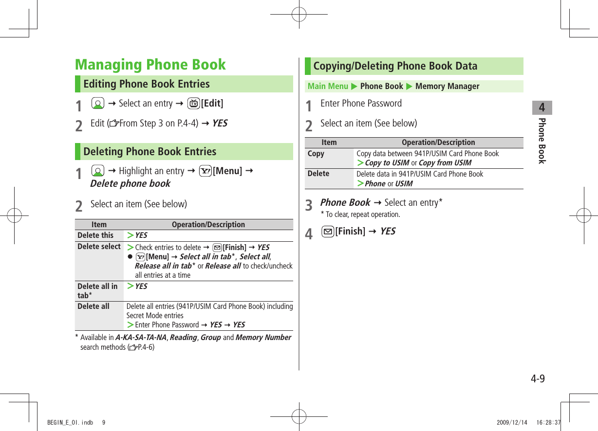 Phone Book44-9Managing Phone BookEditing Phone Book Entries1    Select an entry  [Edit]2 Edit ( From Step 3 on P.4-4)  YESDeleting Phone Book Entries1    Highlight an entry  [Menu]   Delete phone book2  Select an item (See below)Item Operation/DescriptionDelete thisYES ＞Delete select Check entries to delete  ＞ [Finish]  YES 󱛠[Menu]  Select all in tab*, Select all,  Release all in tab* or Release all to check/uncheck all entries at a timeDelete all in tab*YES ＞Delete all Delete all entries (941P/USIM Card Phone Book) including Secret Mode entriesEnter Phone Password  ＞ YES  YES*  Available in A-KA-SA-TA-NA, Reading, Group and Memory Number search methods ( P.4-6)Copying/Deleting Phone Book DataMain Menu  Phone Book  Memory Manager1  Enter Phone Password2  Select an item (See below)Item Operation/DescriptionCopy Copy data between 941P/USIM Card Phone BookCopy to USIM ＞ or Copy from USIMDelete Delete data in 941P/USIM Card Phone BookPhone ＞ or USIM3 Phone Book  Select an entry** To clear, repeat operation.4 [Finish]  YESBEGIN_E_OI.indb   9 2009/12/14   16:28:37