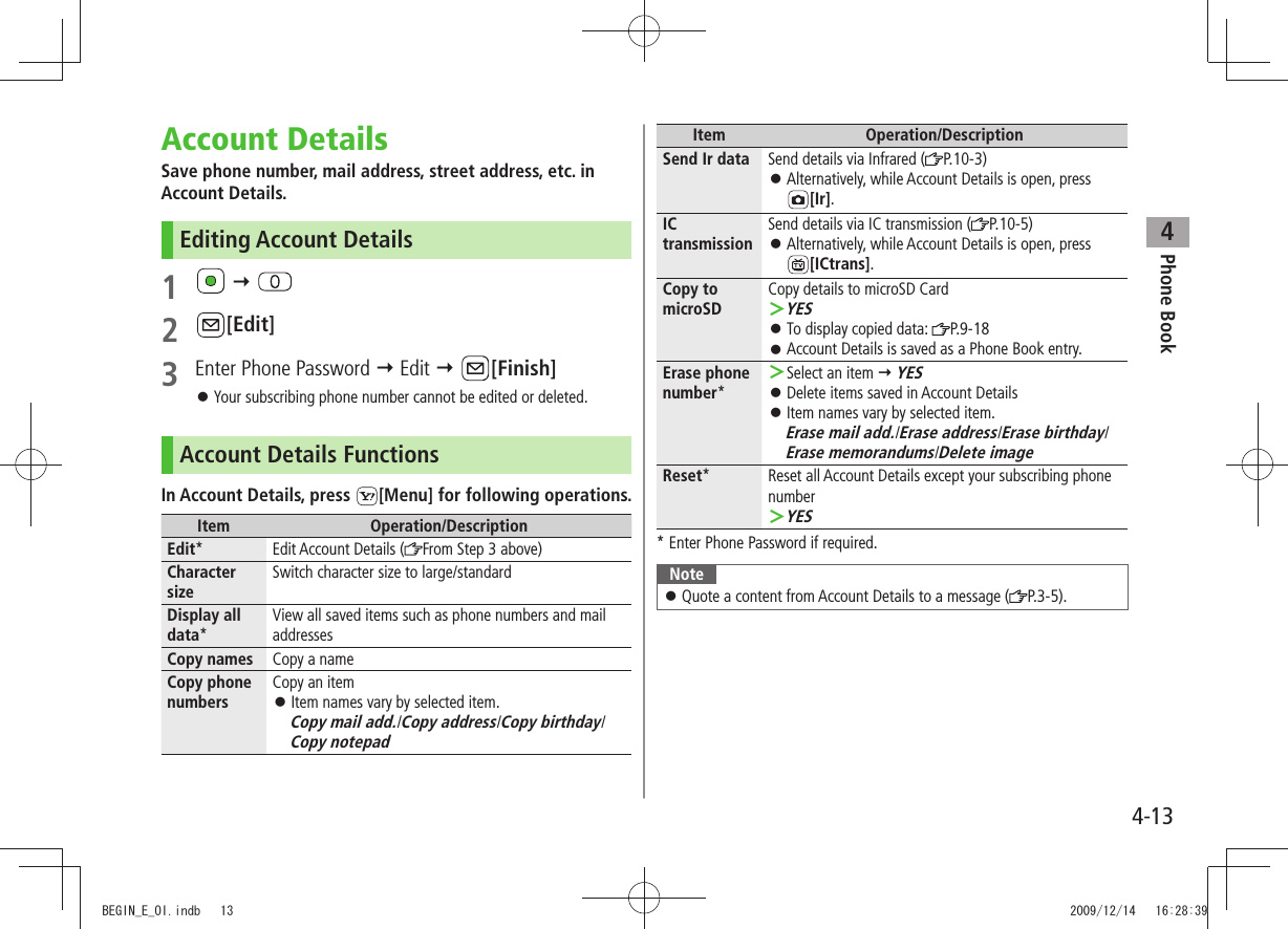 Phone Book44-13Account DetailsSave phone number, mail address, street address, etc. in Account Details.Editing Account Details1    2 [Edit]3  Enter Phone Password  Edit  [Finish]Your subscribing phone number cannot be edited or deleted. 󱛠Account Details FunctionsIn Account Details, press  [Menu] for following operations.Item Operation/DescriptionEdit* Edit Account Details ( From Step 3 above)Character sizeSwitch character size to large/standardDisplay all data*View all saved items such as phone numbers and mail addressesCopy names Copy a nameCopy phone numbersCopy an itemItem names vary by selected item.  󱛠Copy mail add./Copy address/Copy birthday/Copy notepadItem Operation/DescriptionSend Ir data Send details via Infrared ( P.10-3)Alternatively, while Account Details is open, press   󱛠[Ir].IC transmissionSend details via IC transmission ( P.10-5)Alternatively, while Account Details is open, press   󱛠[ICtrans].Copy to microSDCopy details to microSD CardYES ＞To display copied data:  󱛠P.9-18Account Details is saved as a Phone Book entry. 󱛠Erase phone number*Select an item  ＞ YESDelete items saved in Account Details 󱛠Item names vary by selected item.  󱛠Erase mail add./Erase address/Erase birthday/Erase memorandums/Delete imageReset* Reset all Account Details except your subscribing phone numberYES ＞* Enter Phone Password if required.NoteQuote a content from Account Details to a message ( 󱛠P.3-5). BEGIN_E_OI.indb   13 2009/12/14   16:28:39
