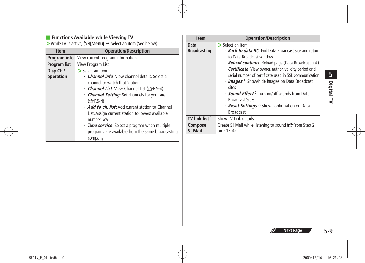 Digital TV5-95Functions Available while Viewing TV ■While TV is active,  ＞[Menu]  Select an item (See below)Item Operation/DescriptionProgram info View current program informationProgram listView Program ListDisp.Ch./operation 1Select an item ＞Channel info・  : View channel details. Select a channel to watch that StationChannel List・  : View Channel List ( P.5-4)Channel Setting・  : Set channels for your area  (P.5-4)Add to ch. list・  : Add current station to Channel List. Assign current station to lowest available number key.Tune service・  : Select a program when multiple programs are available from the same broadcasting companyItem Operation/DescriptionData Broadcasting 1Select an item ＞Back to data BC・ : End Data Broadcast site and return to Data Broadcast windowReload contents・ : Reload page (Data Broadcast link)Certificate・ : View owner, author, validity period and serial number of certificate used in SSL communicationImages・   2: Show/hide images on Data Broadcast sitesSound Effect・   2: Turn on/off sounds from Data Broadcast/sitesReset Settings・   2: Show confirmation on Data BroadcastTV link list 1Show TV Link detailsCompose  S! MailCreate S! Mail while listening to sound ( From Step 2 on P.13-4)Next PageBEGIN_E_OI.indb   9 2009/12/14   16:29:05