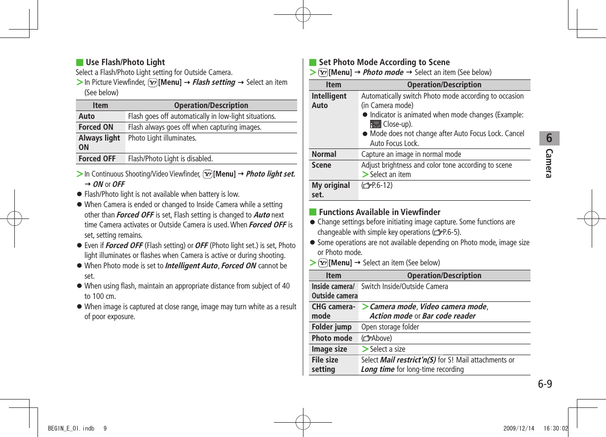 Camera6-96Use  ■Flash/Photo LightSelect a Flash/Photo Light setting for Outside Camera.In Picture Viewfinder,  ＞[Menu]  Flash setting  Select an item (See below)Item Operation/DescriptionAuto Flash goes off automatically in low-light situations.Forced ON Flash always goes off when capturing images.Always light ONPhoto Light illuminates.Forced OFF Flash/Photo Light is disabled.  ＞In Continuous Shooting/Video Viewfinder,  [Menu]  Photo light set.  ON or OFFFlash/Photo light is not available when battery is low. 󱛠When Camera is ended or changed to Inside Camera while a setting  󱛠other than Forced OFF is set, Flash setting is changed to Auto next time Camera activates or Outside Camera is used. When Forced OFF is set, setting remains.Even if  󱛠Forced OFF (Flash setting) or OFF (Photo light set.) is set, Photo light illuminates or flashes when Camera is active or during shooting.When Photo mode is set to  󱛠Intelligent Auto, Forced ON cannot be set.When using flash, maintain an appropriate distance from subject of 40  󱛠to 100 cm.When image is captured at close range, image may turn white as a result  󱛠of poor exposure.Set Photo Mode According to Scene ■ ＞[Menu]  Photo mode  Select an item (See below)Item Operation/DescriptionIntelligent AutoAutomatically switch Photo mode according to occasion (in Camera mode)Indicator is animated when mode changes (Example:  󱛠 Close-up).Mode does not change after Auto Focus Lock. Cancel  󱛠Auto Focus Lock.Normal Capture an image in normal modeScene Adjust brightness and color tone according to sceneSelect an item ＞My original set.(P.6-12)Functions Available in Viewfinder ■Change settings before initiating image capture. Some functions are  󱛠changeable with simple key operations ( P.6-5).Some operations are not available depending on Photo mode, image size  󱛠or Photo mode. ＞[Menu]  Select an item (See below)Item Operation/DescriptionInside camera/Outside cameraSwitch Inside/Outside CameraCHG camera-modeCamera mode ＞, Video camera mode,  Action mode or Bar code readerFolder jump Open storage folderPhoto mode (Above)Image size Select a size ＞File size settingSelect Mail restrict&apos;n(S) for S! Mail attachments or  Long time for long-time recordingBEGIN_E_OI.indb   9 2009/12/14   16:30:02