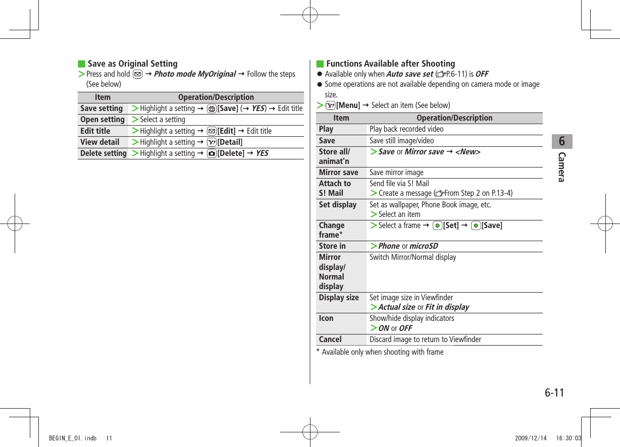 Camera6-116Save as  ■Original SettingPress and hold  ＞  Photo mode MyOriginal  Follow the steps (See below)Item Operation/DescriptionSave setting Highlight a setting  ＞ [Save] ( YES)  Edit title Open setting Select a setting ＞Edit title Highlight a setting  ＞ [Edit]  Edit titleView detail Highlight a setting  ＞ [Detail]Delete settingHighlight a setting  ＞ [Delete]  YESFunctions Available after Shooting ■Available only when  󱛠Auto save set ( P.6-11) is OFFSome operations are not available depending on camera mode or image  󱛠size. ＞[Menu]  Select an item (See below)Item Operation/DescriptionPlay Play back recorded videoSave Save still image/videoStore all/animat&apos;nSave ＞ or Mirror save  &lt;New&gt;Mirror save Save mirror imageAttach to  S! MailSend file via S! MailCreate a message ( ＞From Step 2 on P.13-4)Set display Set as wallpaper, Phone Book image, etc.Select an item ＞Change frame*Select a frame  ＞ [Set]  [Save]Store inPhone ＞ or microSDMirror display/Normal displaySwitch Mirror/Normal displayDisplay size Set image size in ViewfinderActual size ＞ or Fit in displayIcon Show/hide display indicatorsON ＞ or OFFCancel Discard image to return to Viewfinder* Available only when shooting with frameBEGIN_E_OI.indb   11 2009/12/14   16:30:03