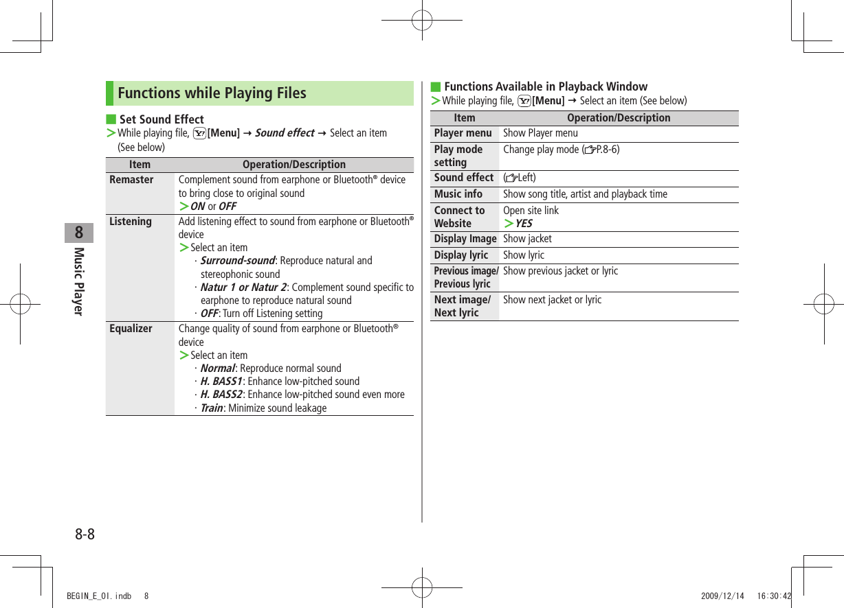Music Player8-88Functions while Playing FilesSet Sound Effect ■While playing file,  ＞[Menu]  Sound effect  Select an item  (See below)Item Operation/DescriptionRemaster Complement sound from earphone or Bluetooth® device to bring close to original soundON ＞ or OFFListening Add listening effect to sound from earphone or Bluetooth® deviceSelect an item ＞Surround-sound・  : Reproduce natural and stereophonic soundNatur 1 or Natur 2・  : Complement sound specific to earphone to reproduce natural soundOFF・  : Turn off Listening settingEqualizer Change quality of sound from earphone or Bluetooth® deviceSelect an item ＞Normal・  : Reproduce normal soundH. BASS1・  : Enhance low-pitched sound H. BASS2・  : Enhance low-pitched sound even moreTrain・  : Minimize sound leakageFunctions Available in Playback Window ■While playing file,  ＞[Menu]  Select an item (See below)Item Operation/DescriptionPlayer menu Show Player menuPlay mode settingChange play mode ( P.8-6)Sound effect (Left)Music info Show song title, artist and playback timeConnect to WebsiteOpen site linkYES ＞Display ImageShow jacketDisplay lyricShow lyricPrevious image/Previous lyricShow previous jacket or lyricNext image/Next lyricShow next jacket or lyricBEGIN_E_OI.indb   8 2009/12/14   16:30:42